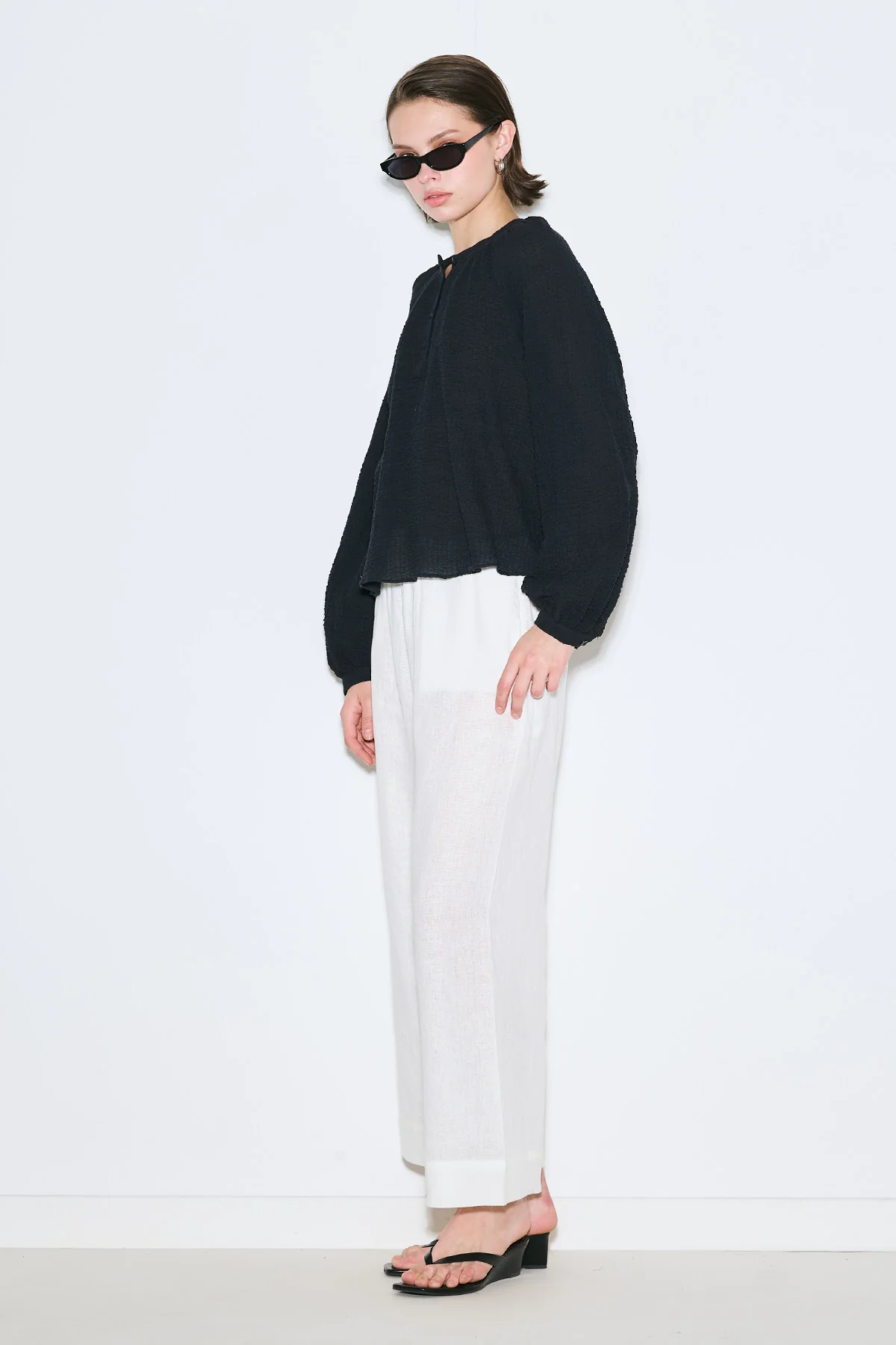 Textured Button-Neck Blouse Black - Image 4