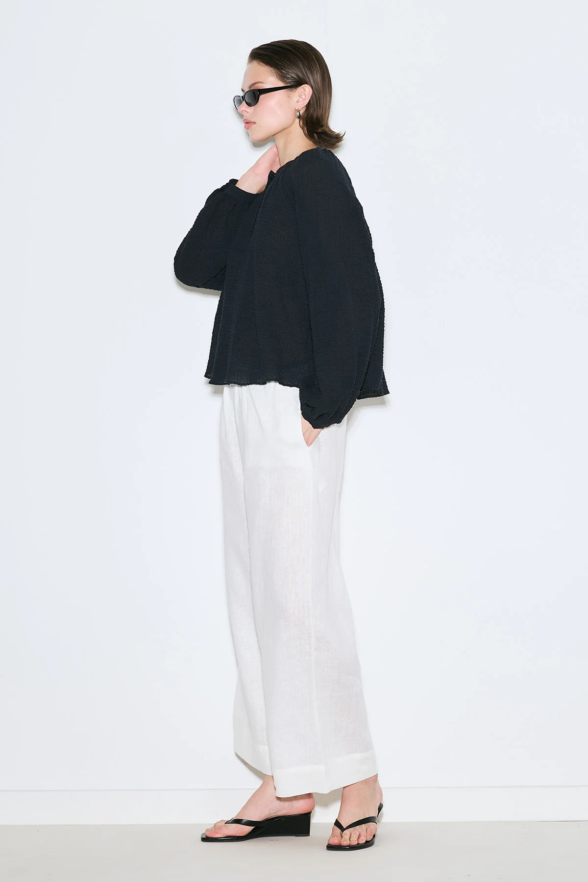 Textured Button-Neck Blouse Black - Image 5