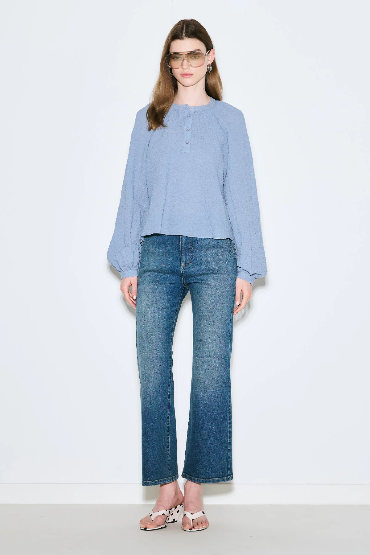 Textured Button-Neck Blouse Blue - Image 2