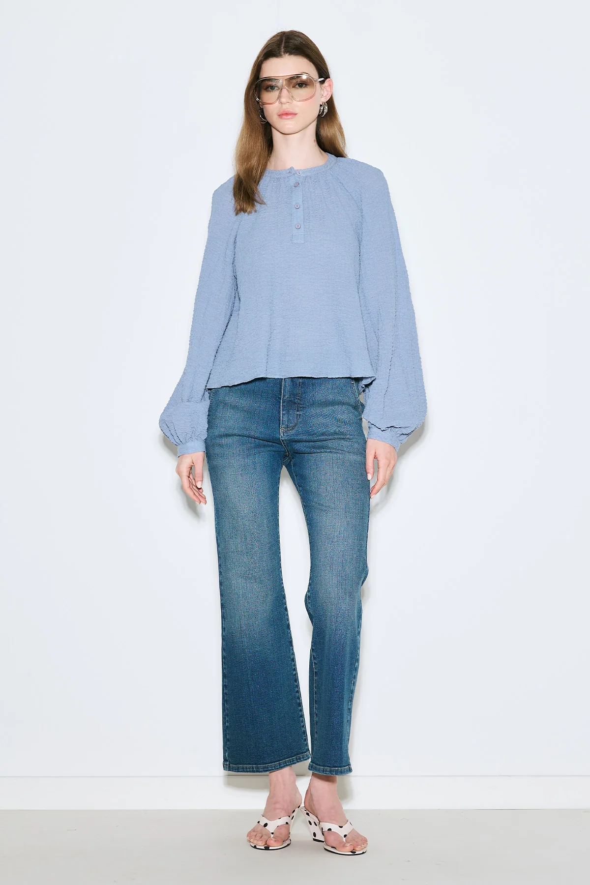 Textured Button-Neck Blouse Blue - Image 3