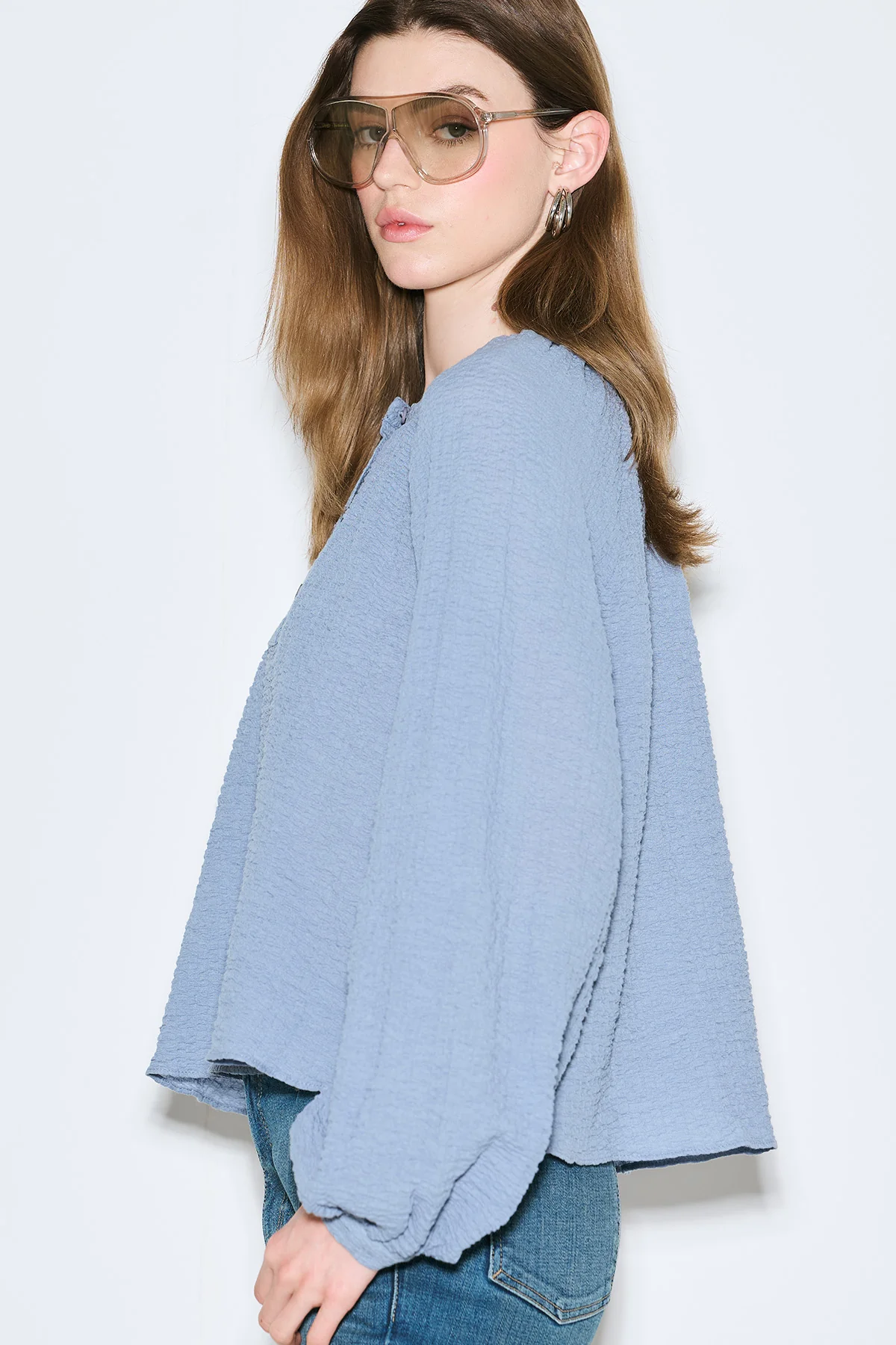 Textured Button-Neck Blouse Blue - Image 4