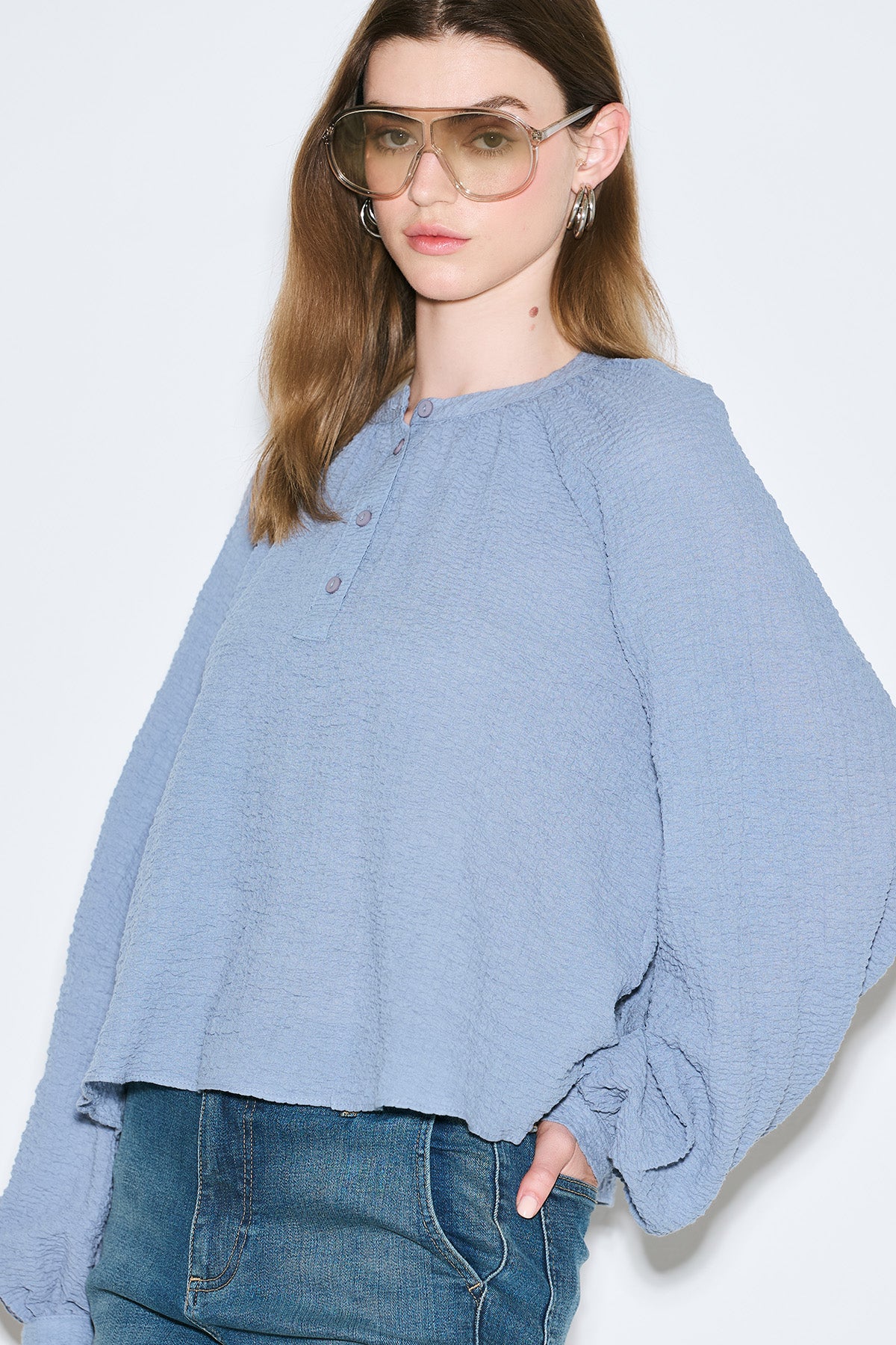 Textured Button-Neck Blouse Blue - Image 5