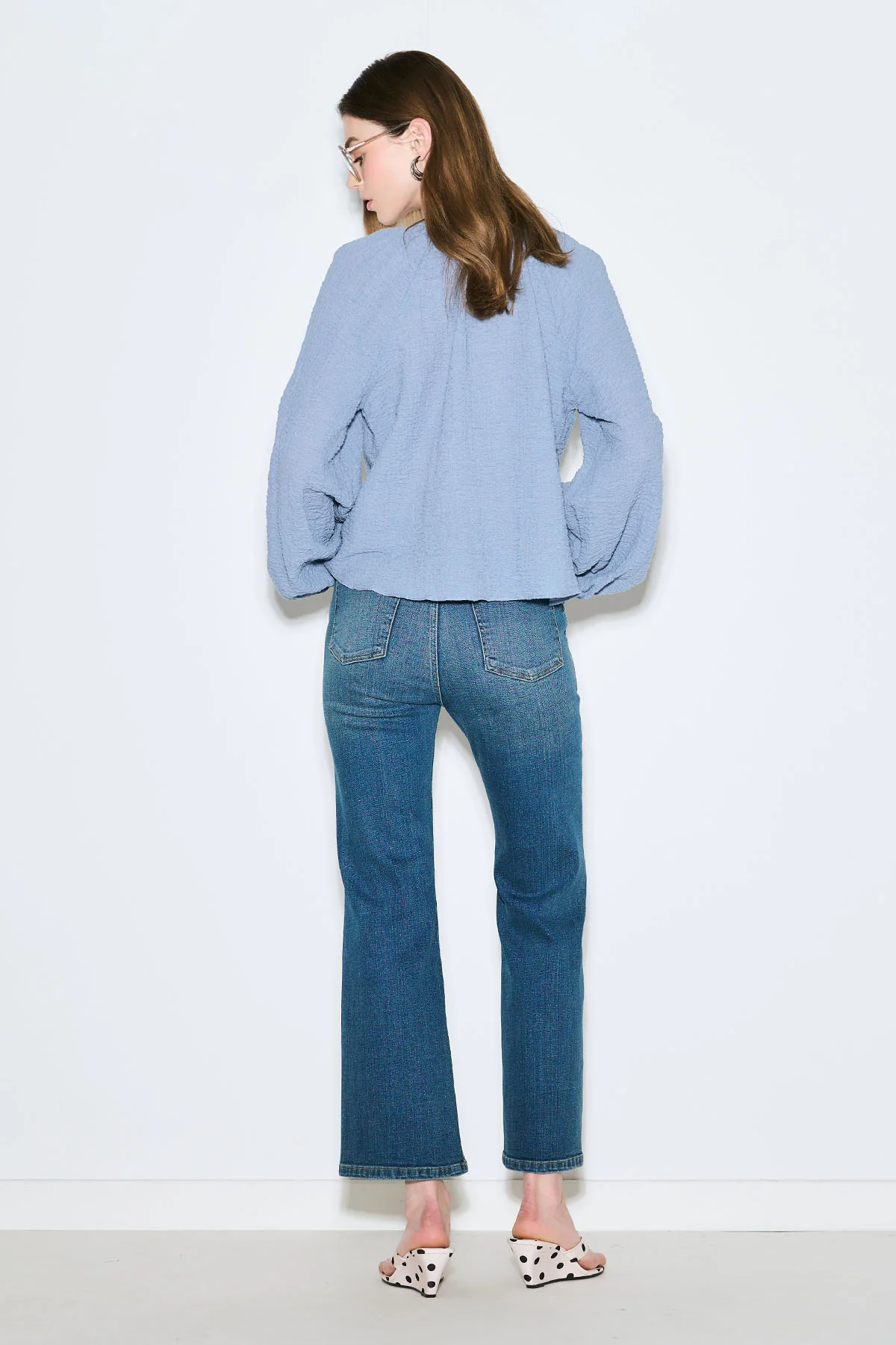 Textured Button-Neck Blouse Blue - Image 6