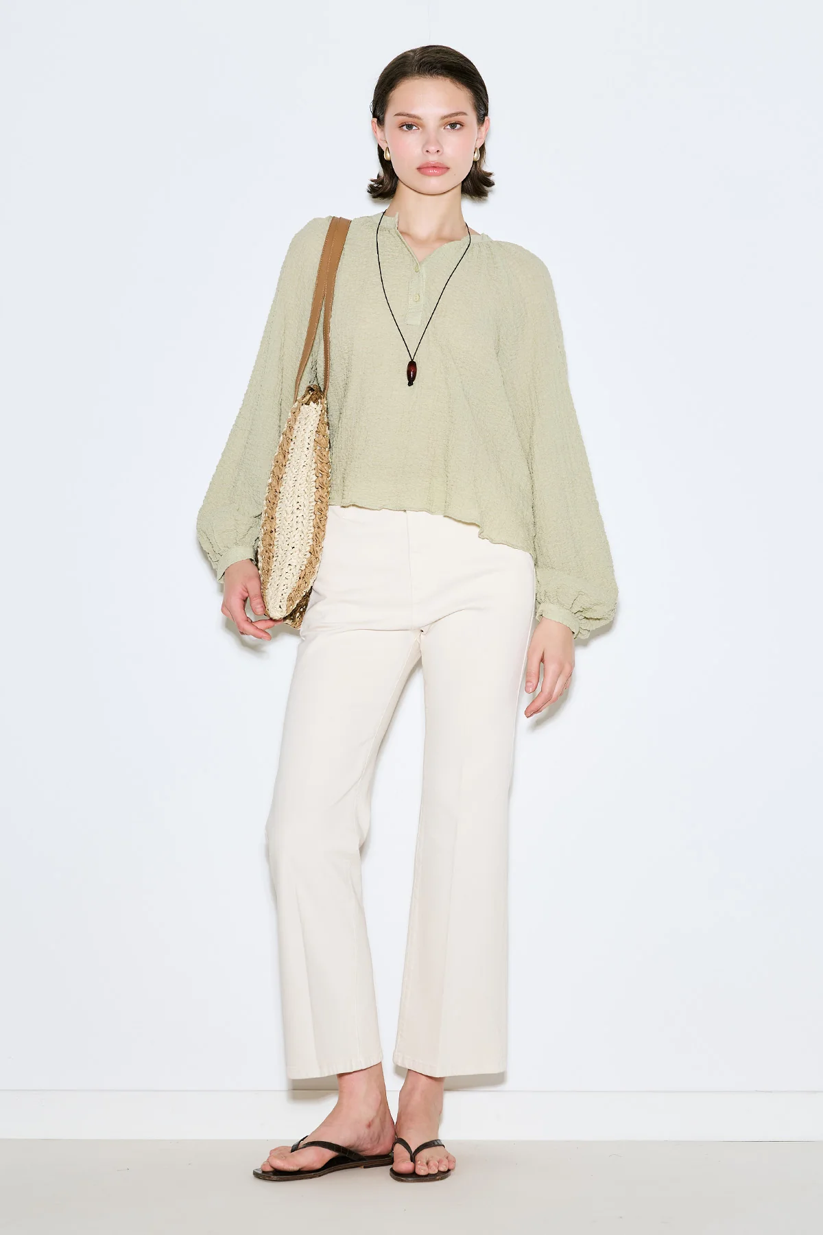 Textured Button-Neck Blouse Green