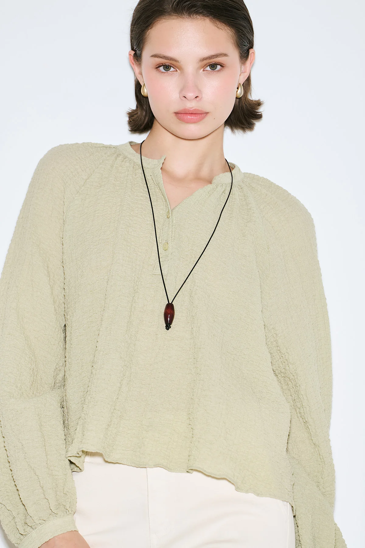 Textured Button-Neck Blouse Green - Image 4