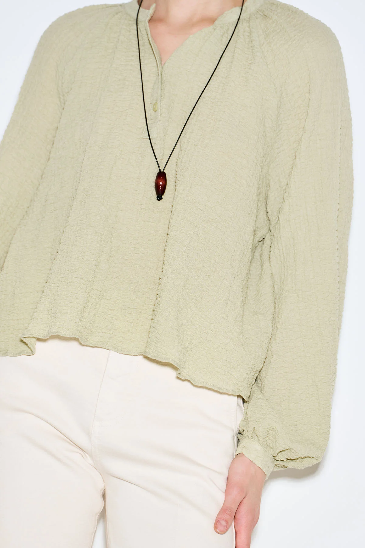 Textured Button-Neck Blouse Green - Image 5