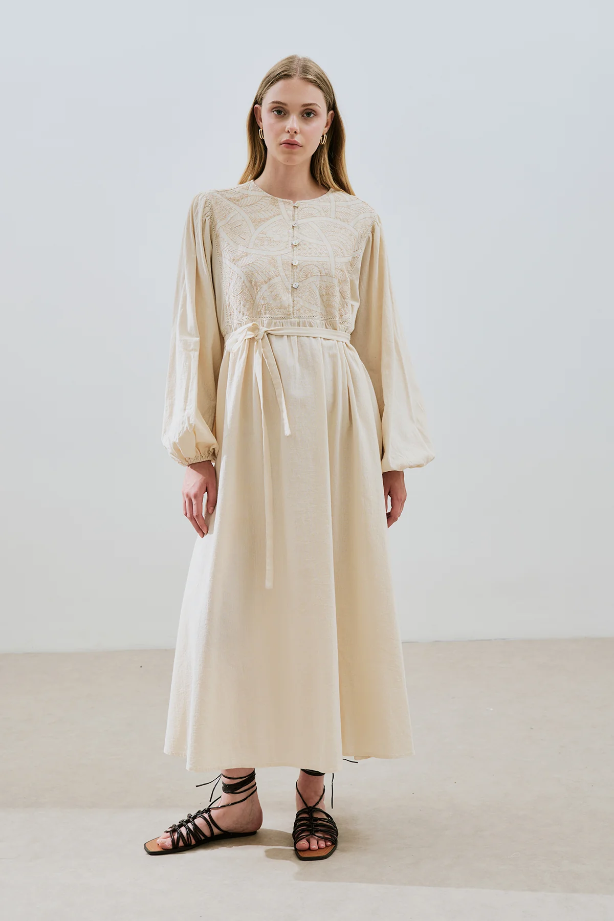 Textured Embroidered Dress Natural - Image 4