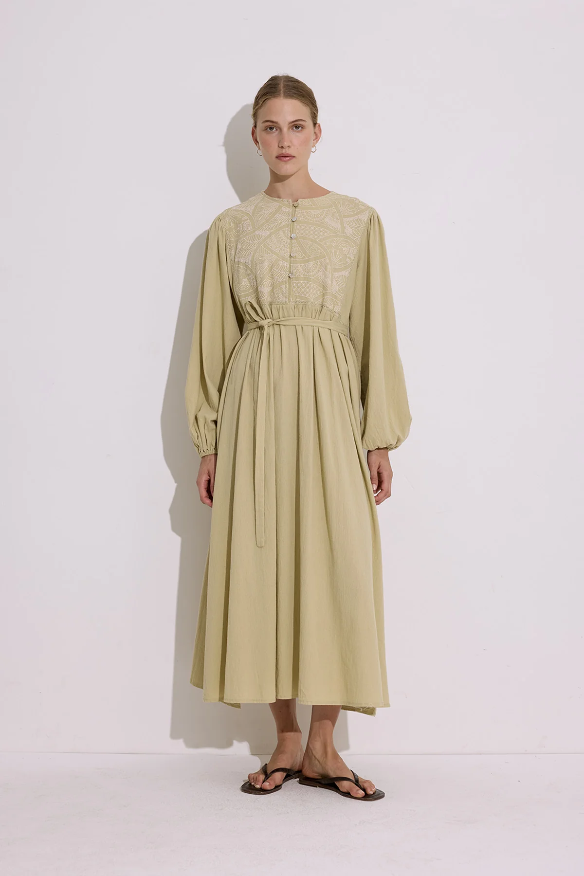 Textured Embroidered Dress Soft Green - Image 3