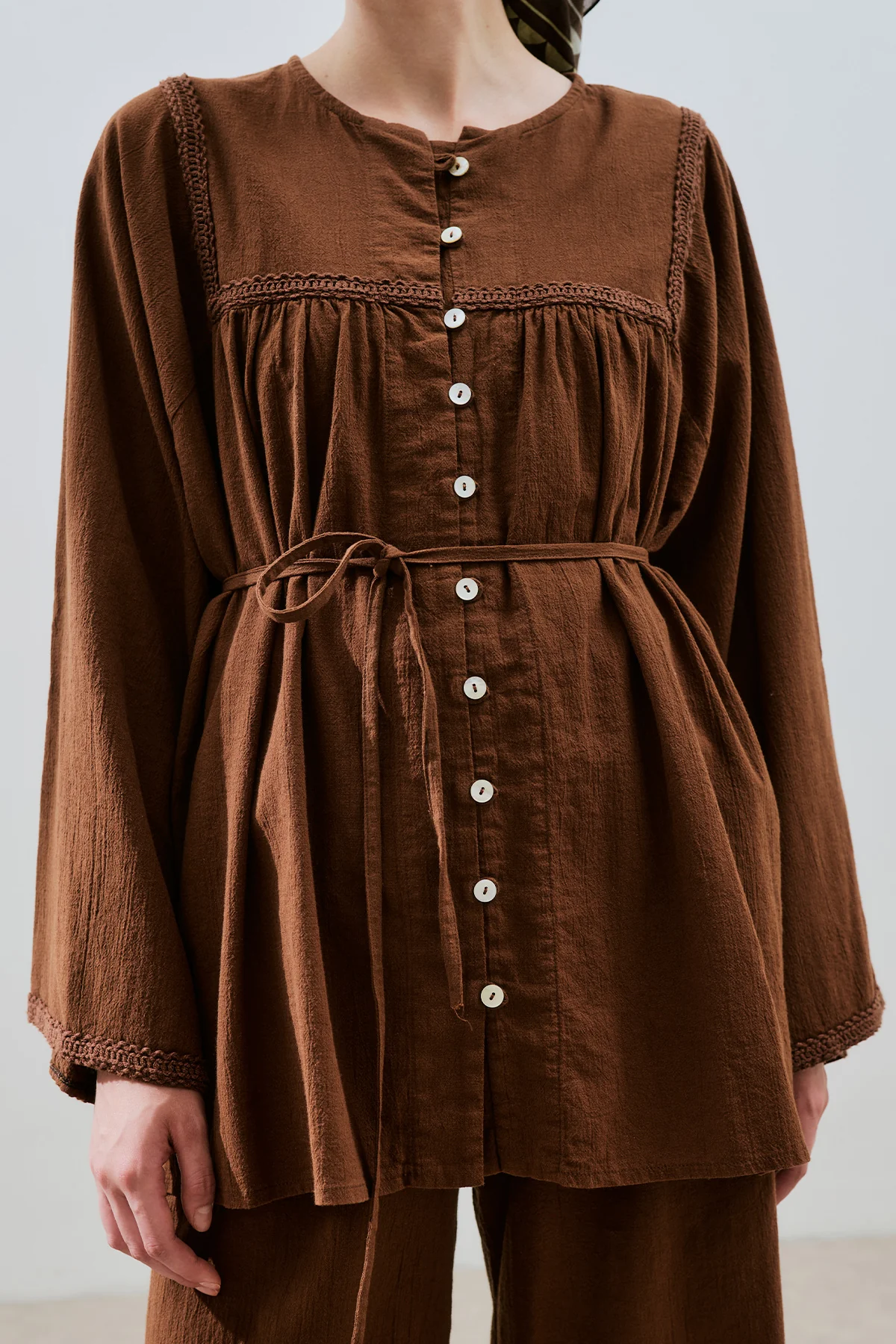 Textured Embroidered Shirt Brown - Image 5