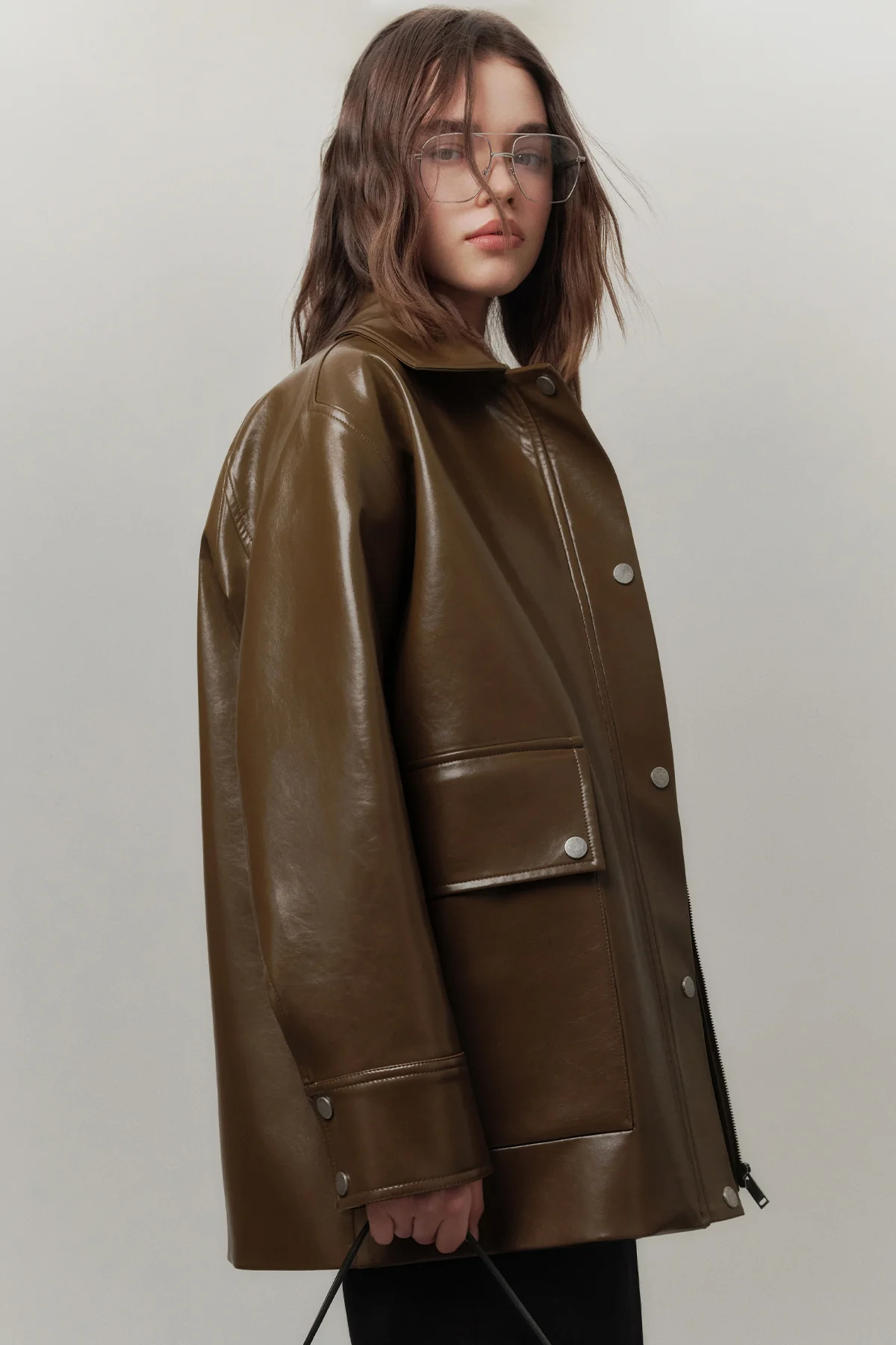 Textured Faux Leather Jacket Green - Image 2