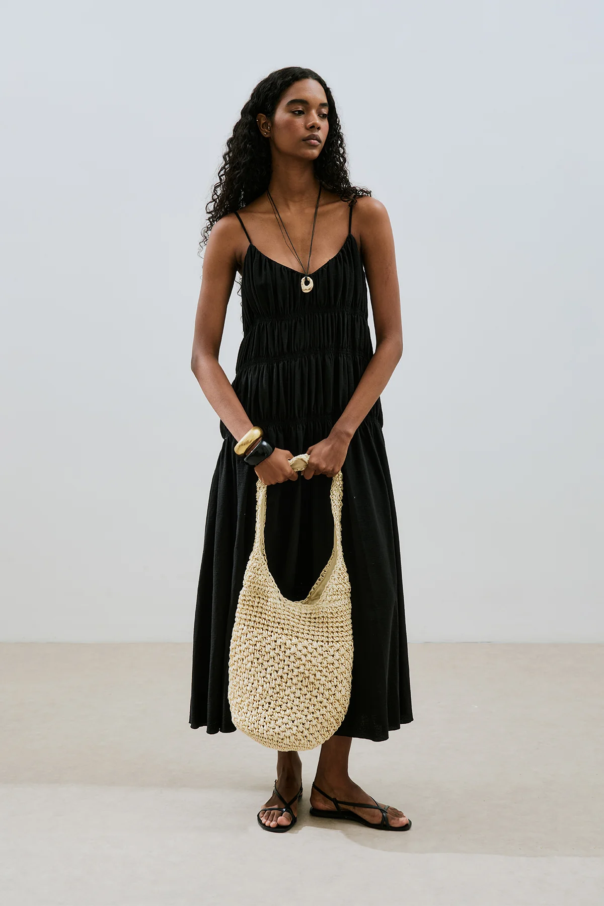 Textured Ruched Dress Black - Image 2