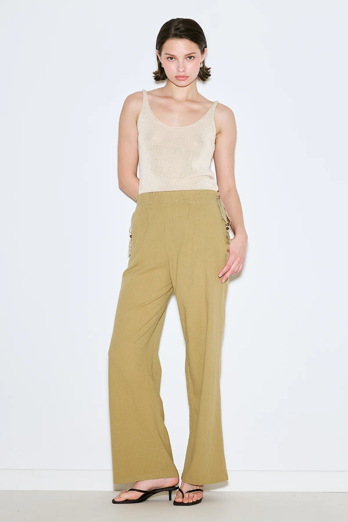 Textured Tie Trousers Khaki - Image 3