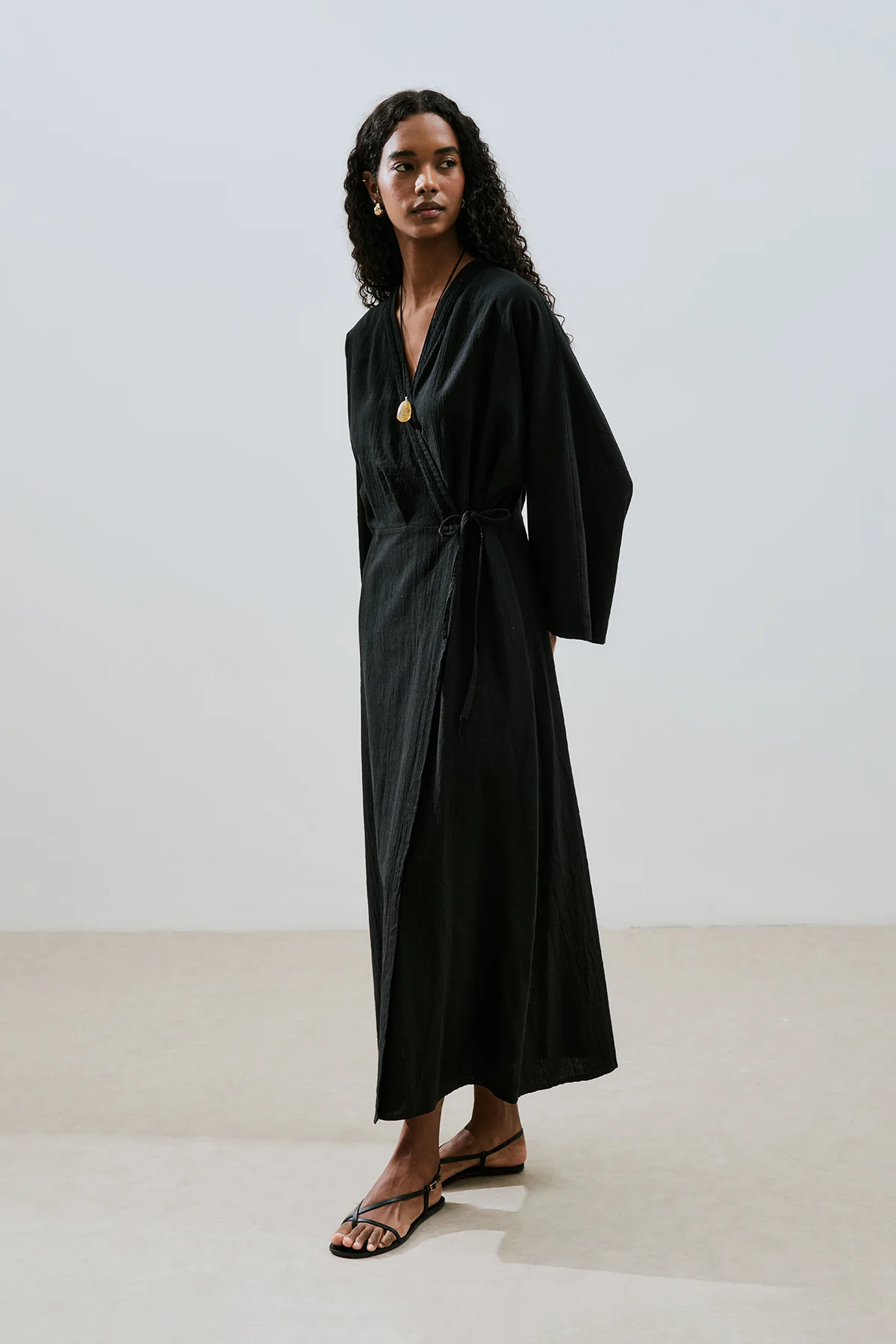 Textured Wrap Dress Black - Image 5
