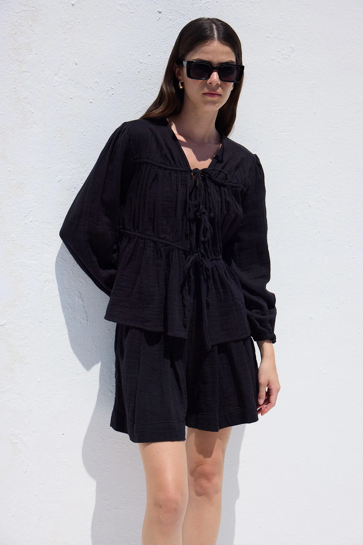 Tie-Detail Muslin Blouse Black