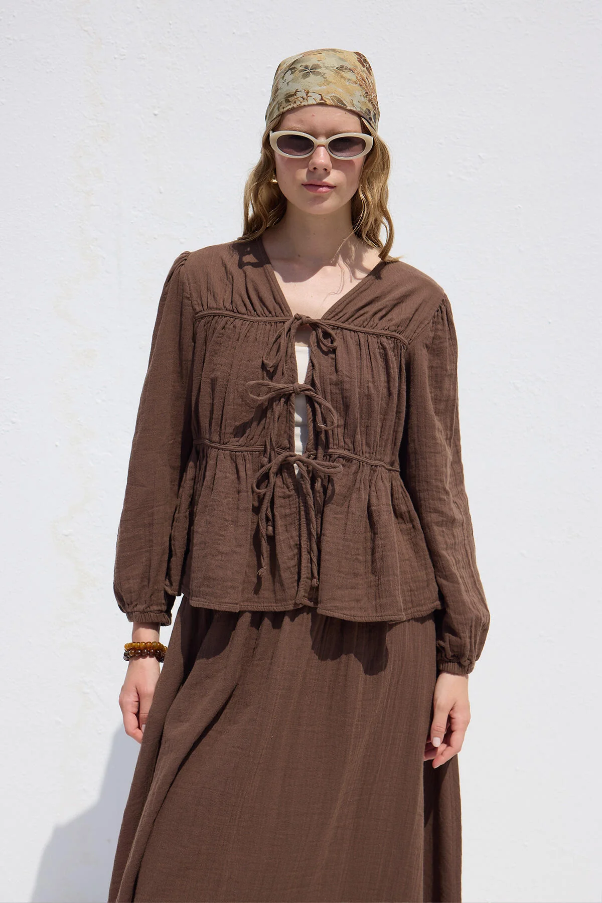 Tie-Detail Muslin Blouse Brown - Image 6
