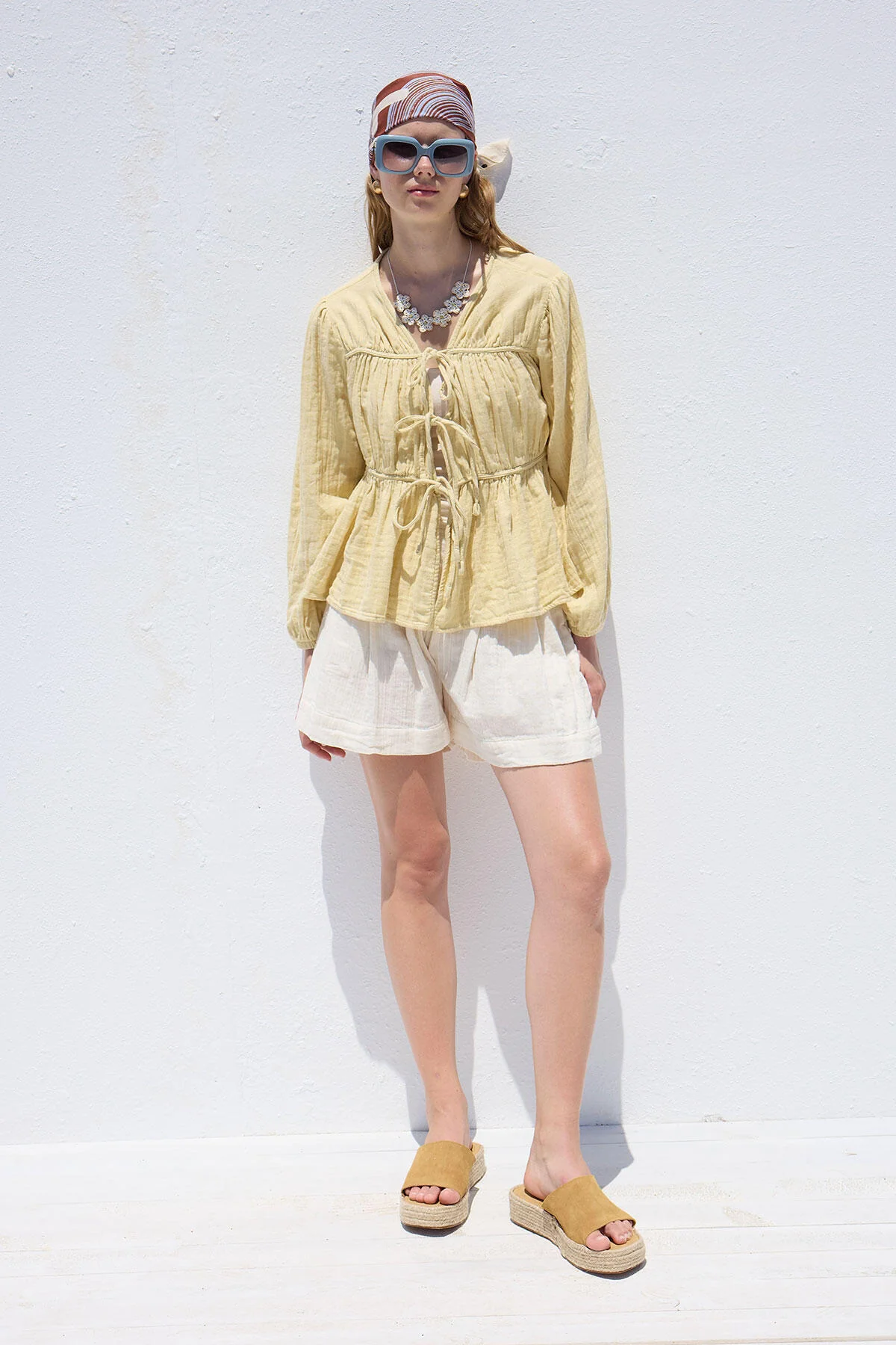 Tie-Detail Muslin Blouse Soft Yellow - Image 3