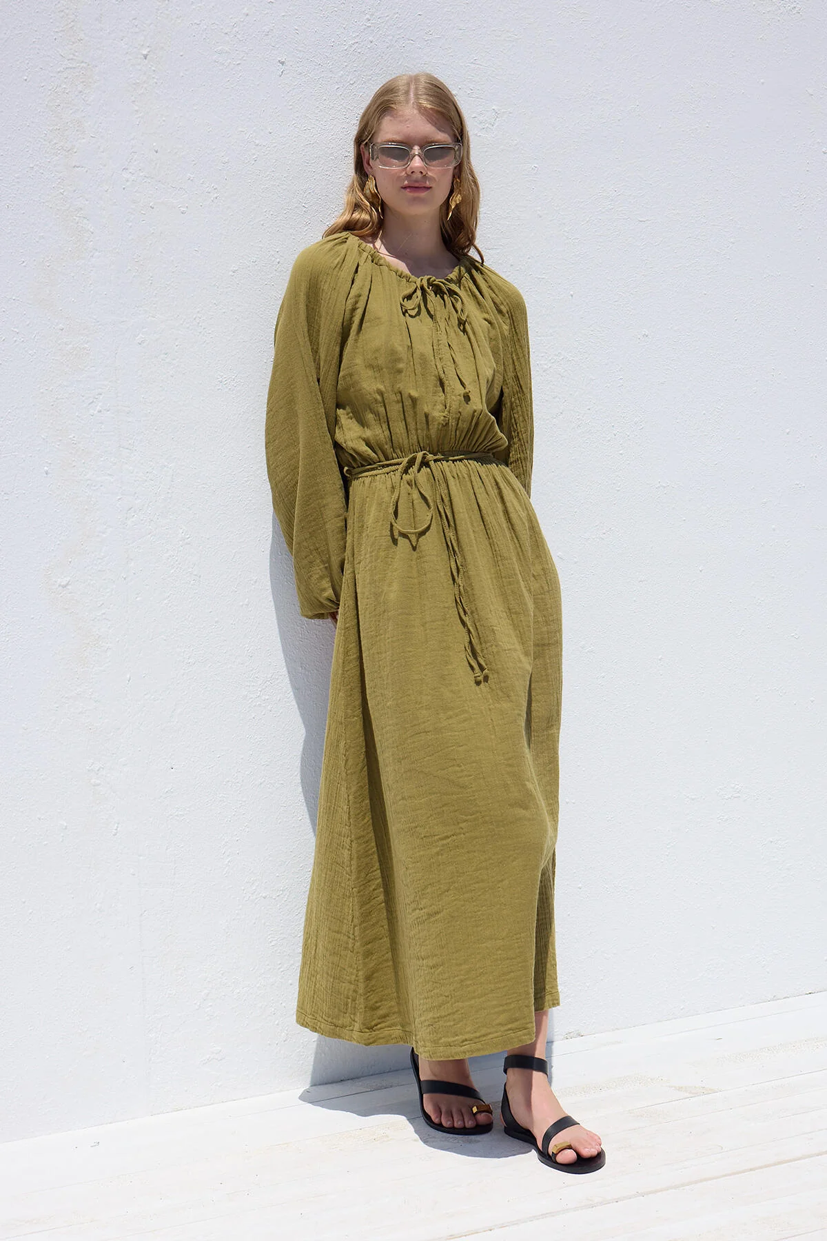 Tie Detail Muslin Dress Green - Image 2