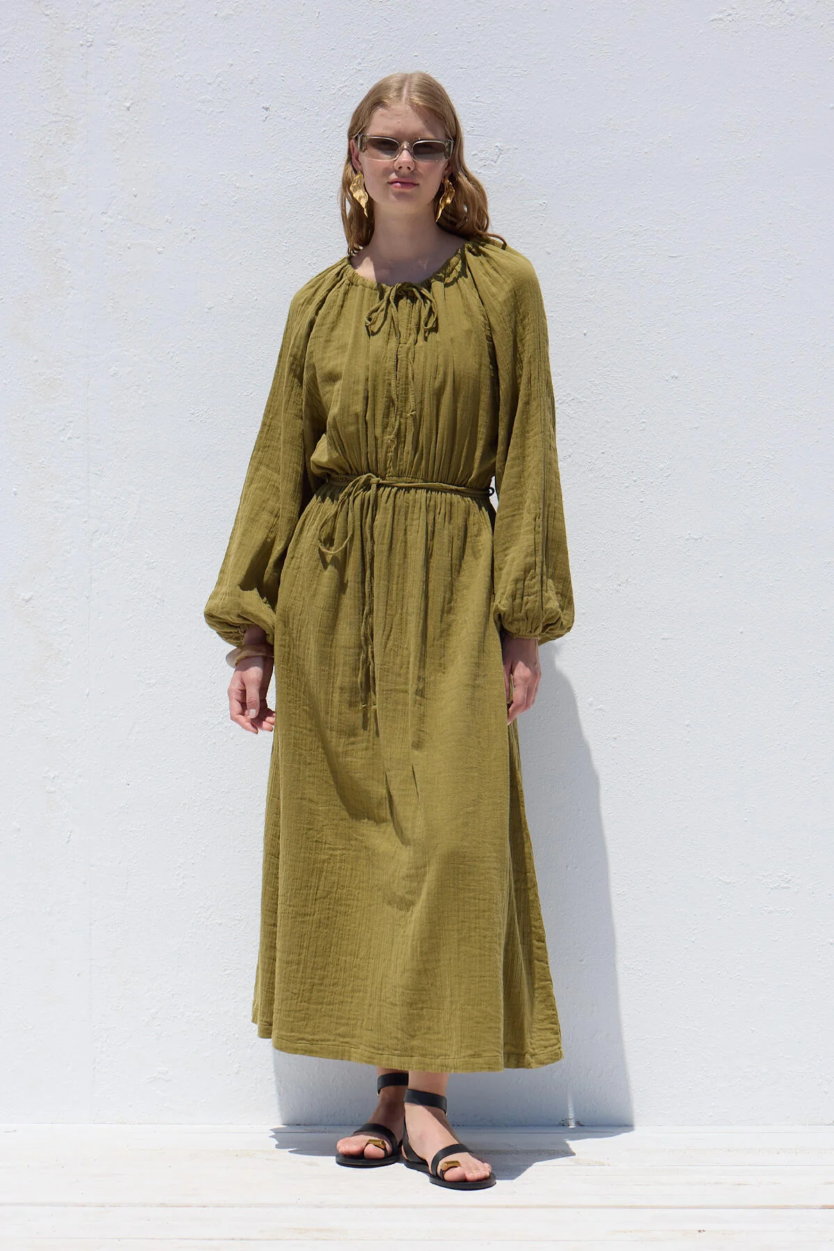 Tie Detail Muslin Dress Green - Image 3