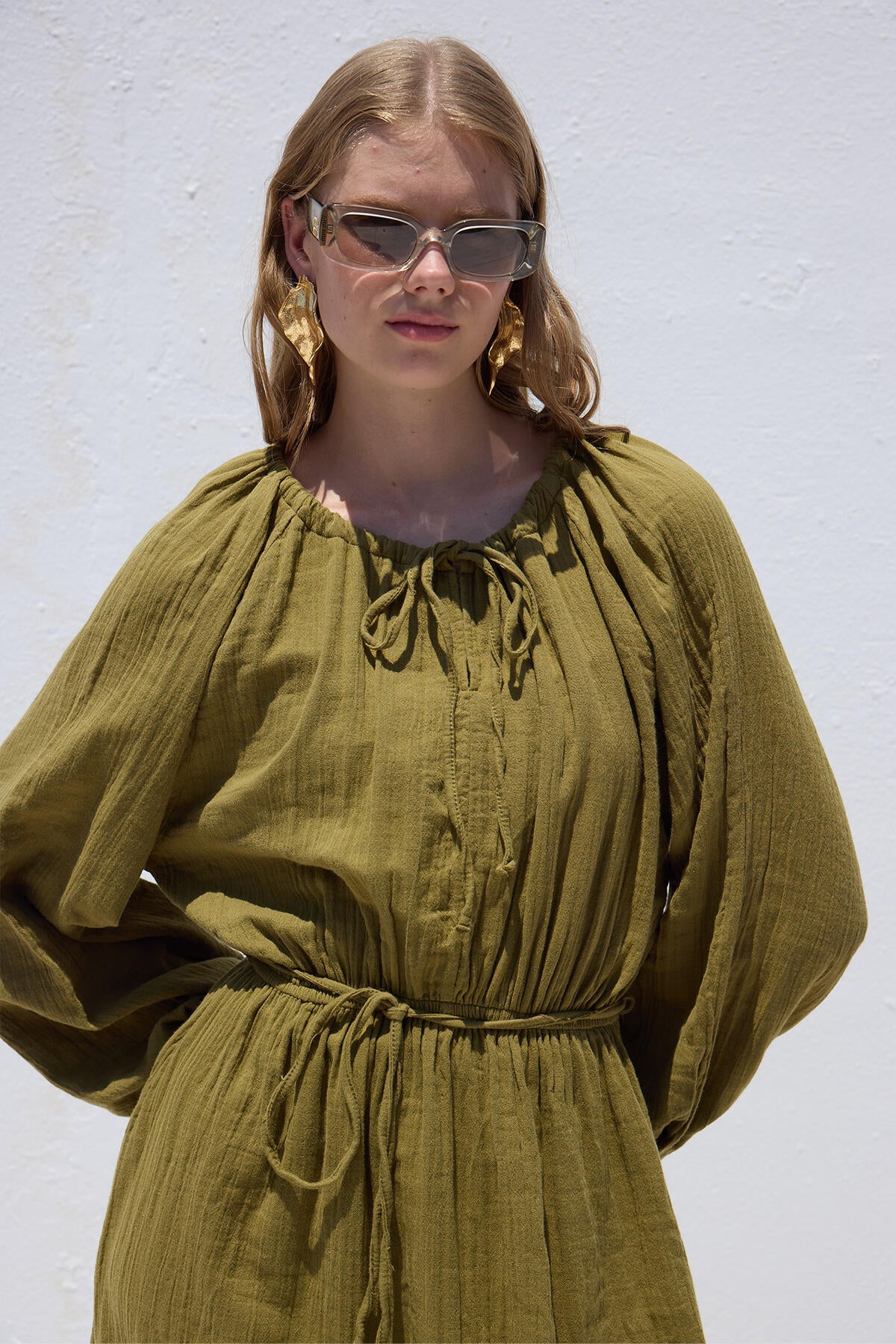 Tie Detail Muslin Dress Green - Image 4