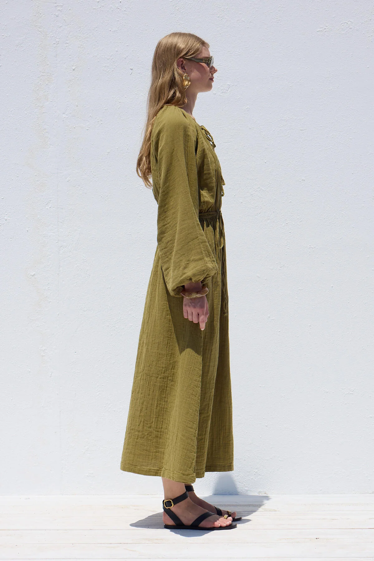 Tie Detail Muslin Dress Green - Image 5