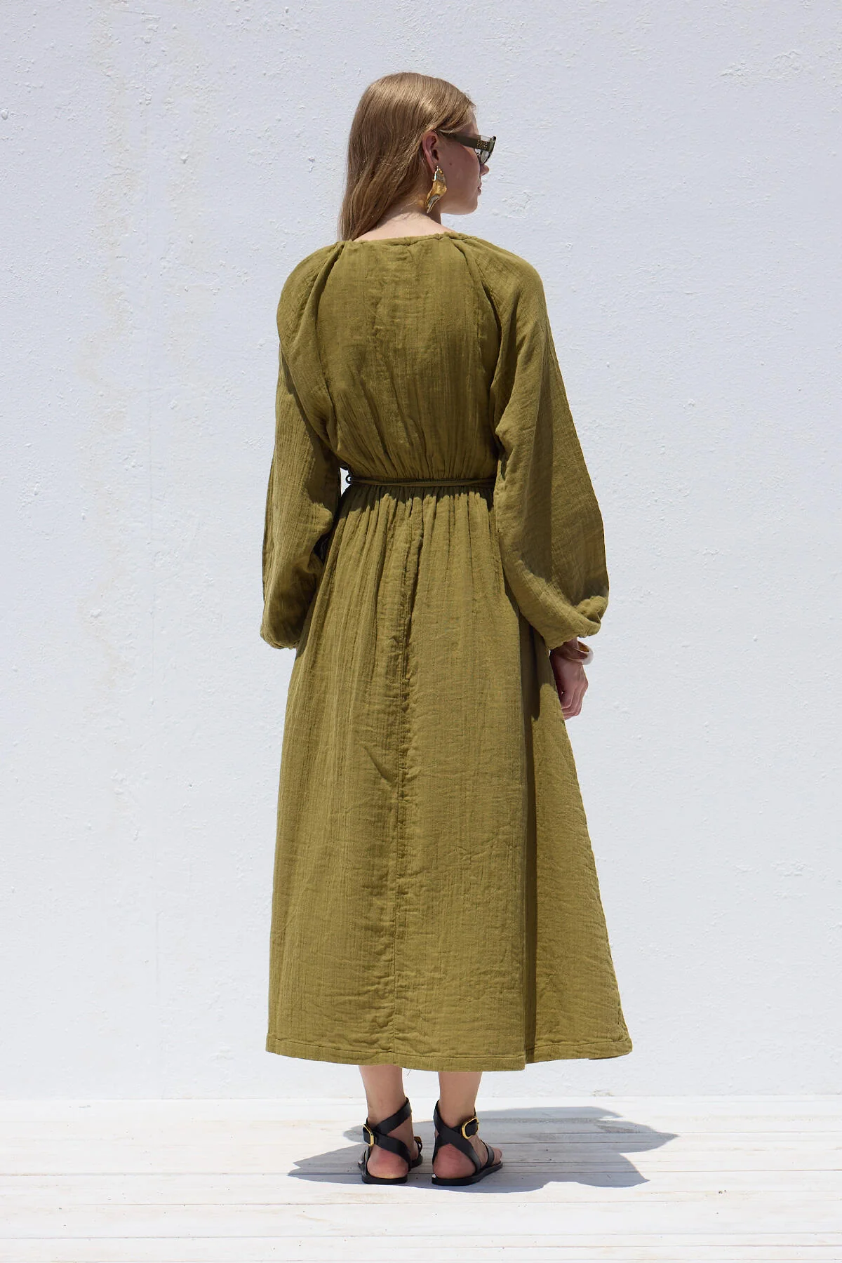 Tie Detail Muslin Dress Green - Image 6