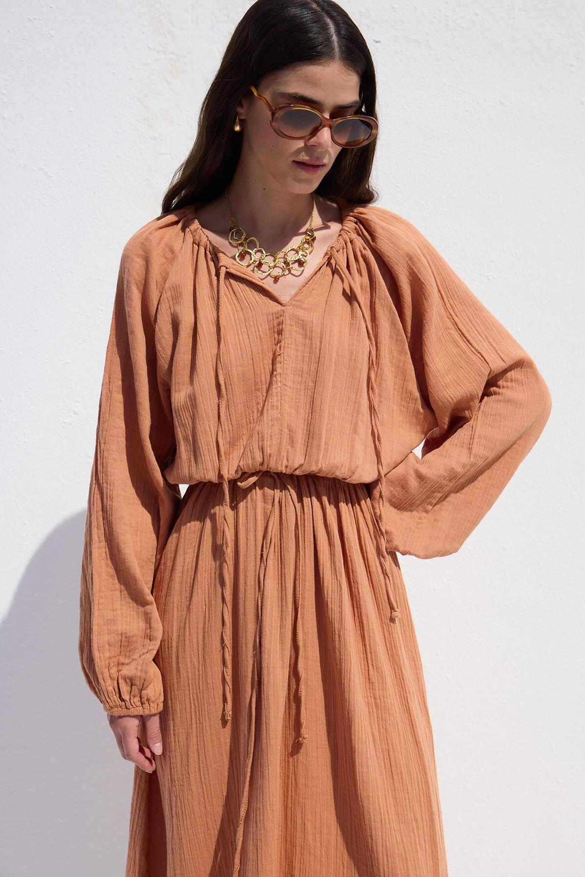 Tie Detail Muslin Dress Orange - Image 2