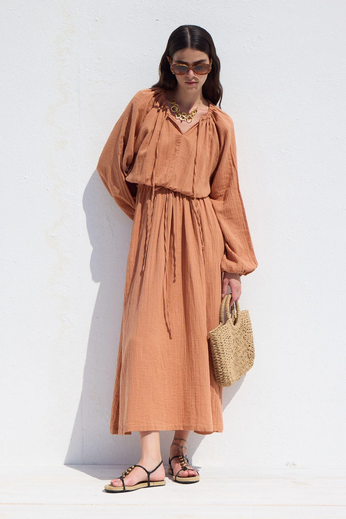 Tie Detail Muslin Dress Orange - Image 3