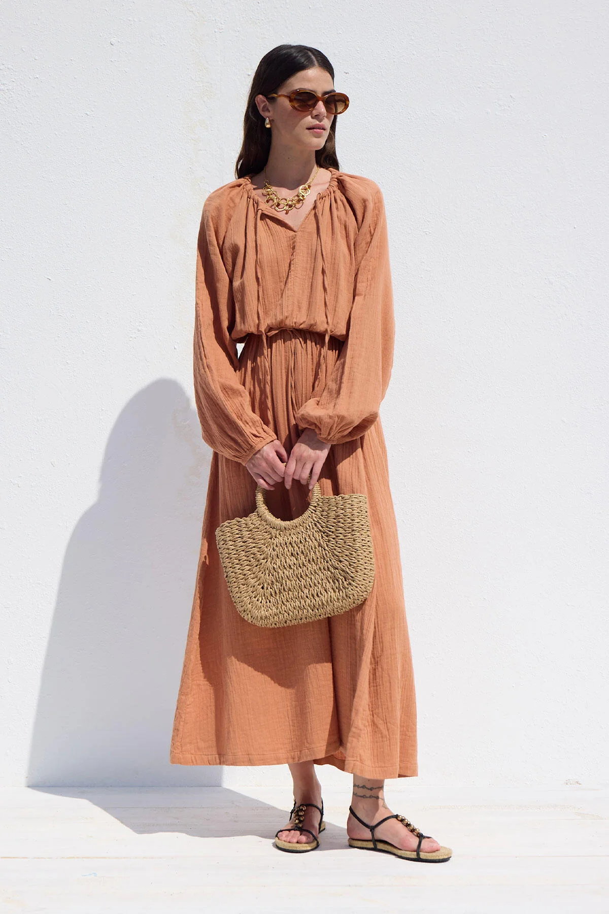 Tie Detail Muslin Dress Orange - Image 4