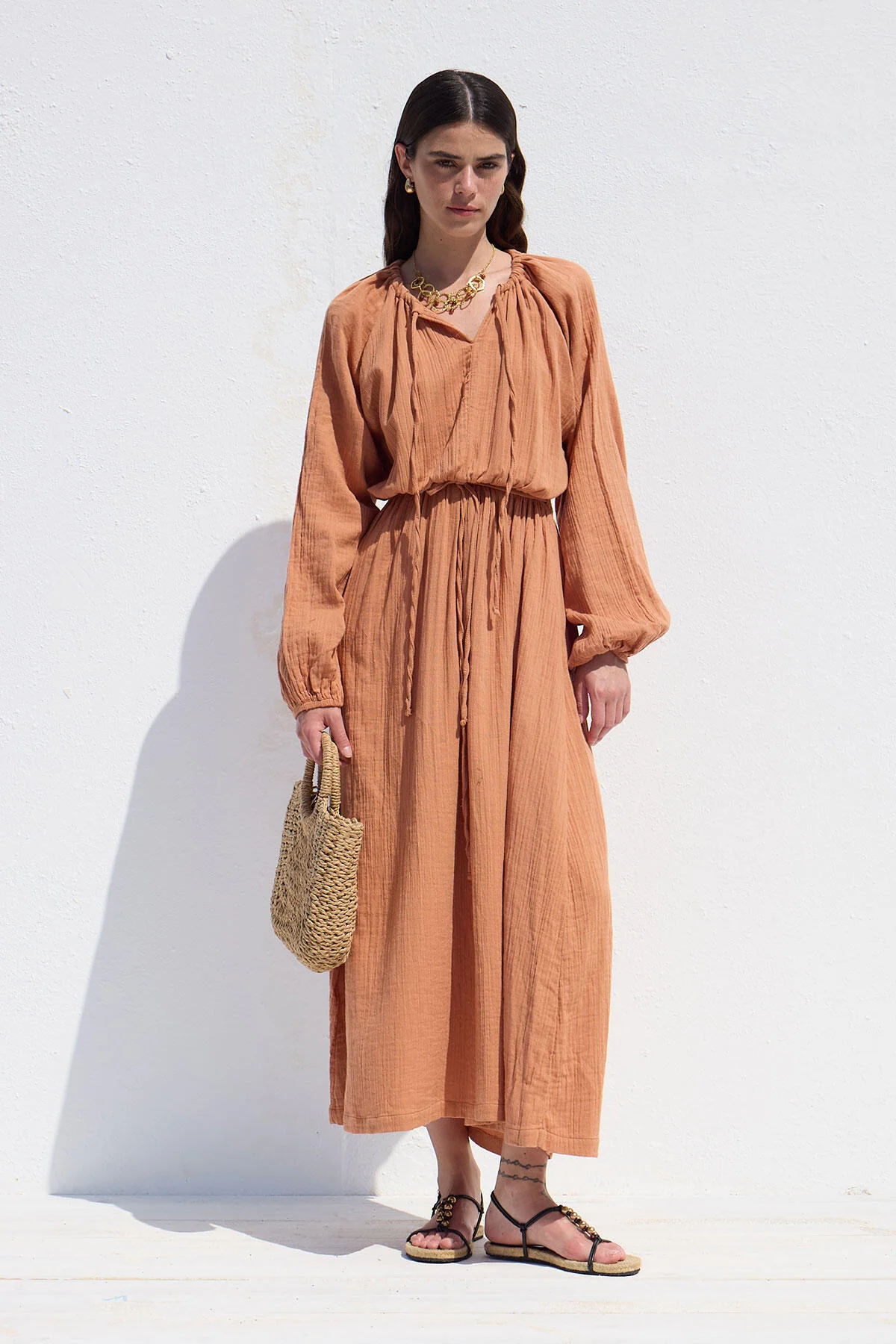 Tie Detail Muslin Dress Orange - Image 5
