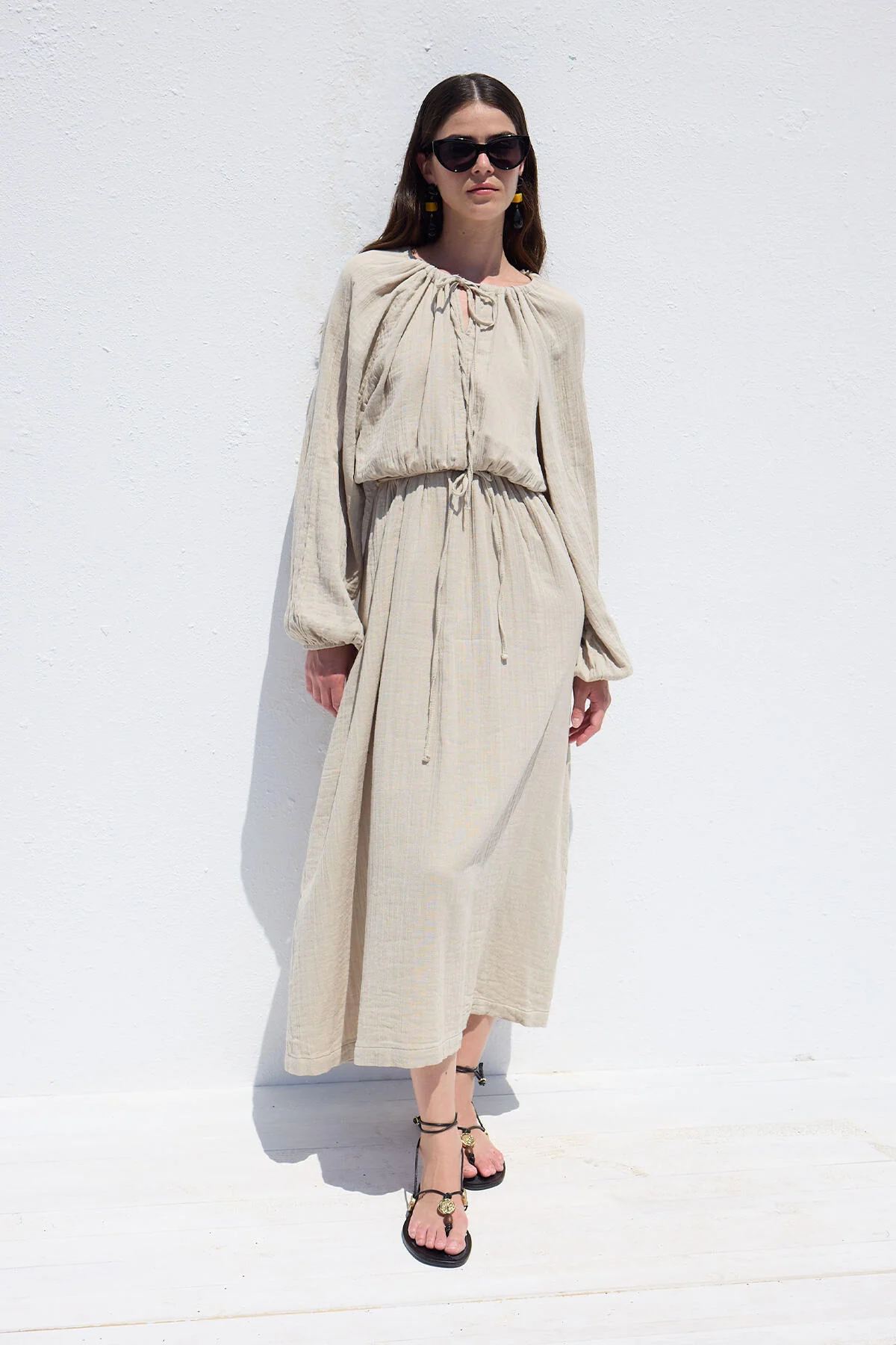 Tie Detail Muslin Dress Sand - Image 7