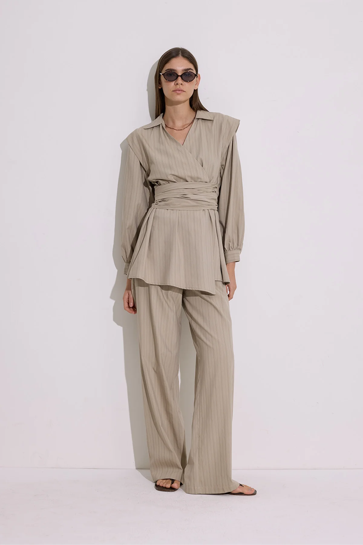 Tie Detail Wrap Shirt Beige - Image 5