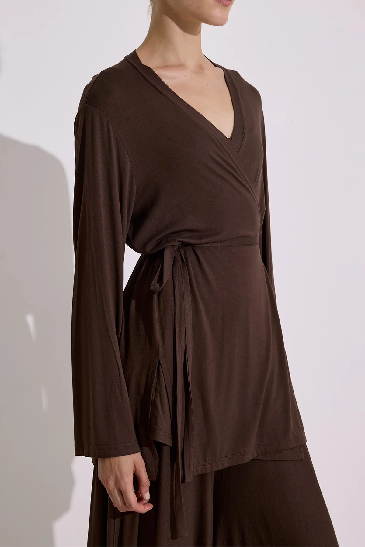 Tie Front Draped Kimono Brown - Image 5