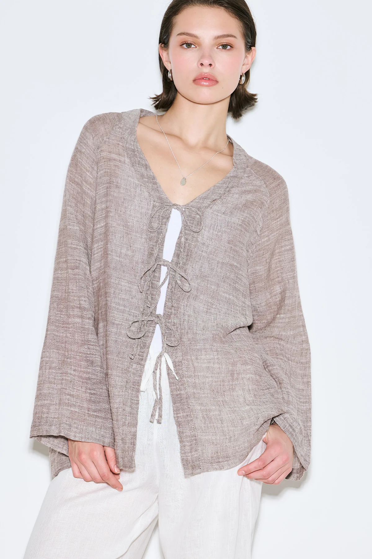 Tie-Front Linen Blend Blouse Brown - Image 2