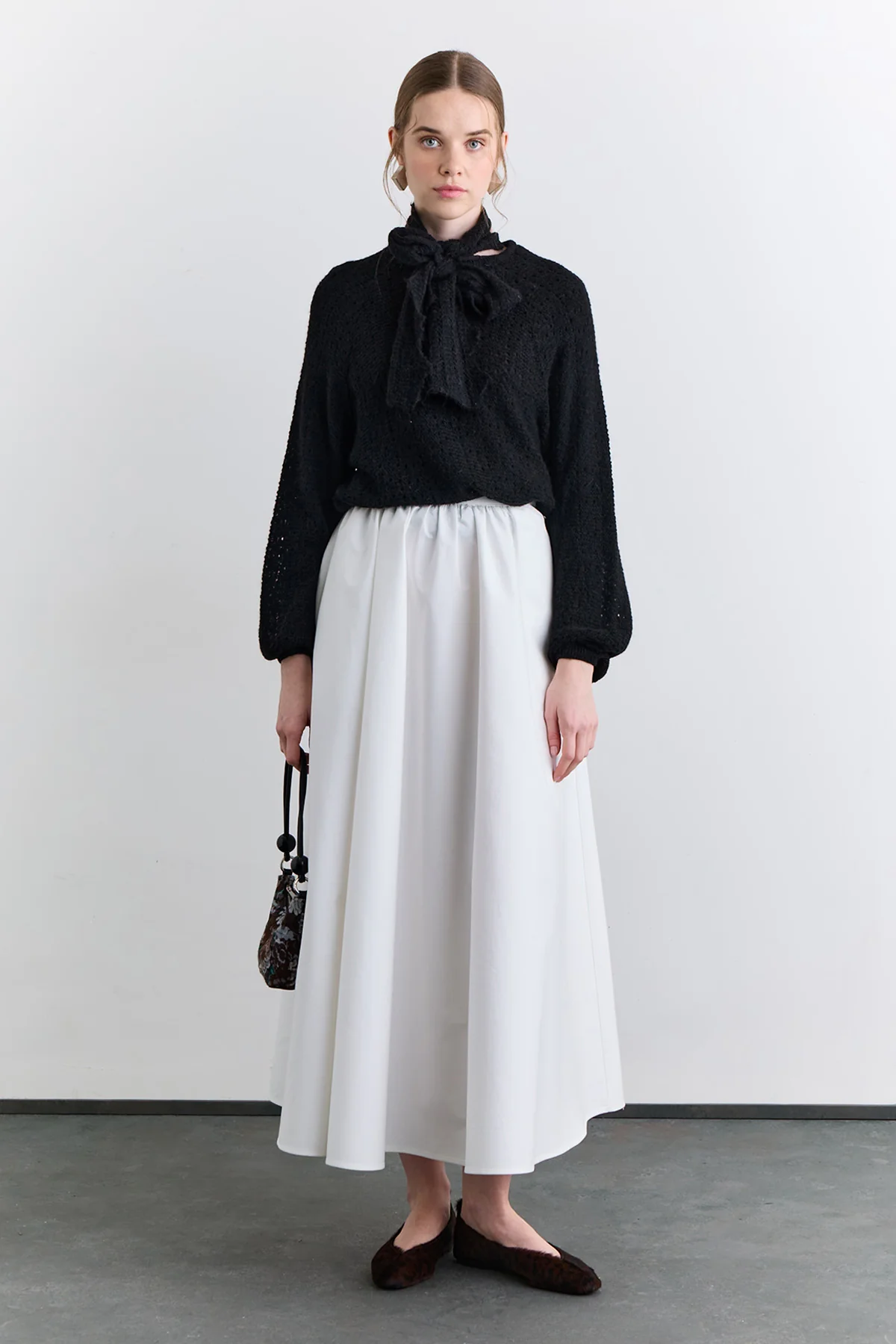 Tie Neck Pointelle Sweater Black - Image 9