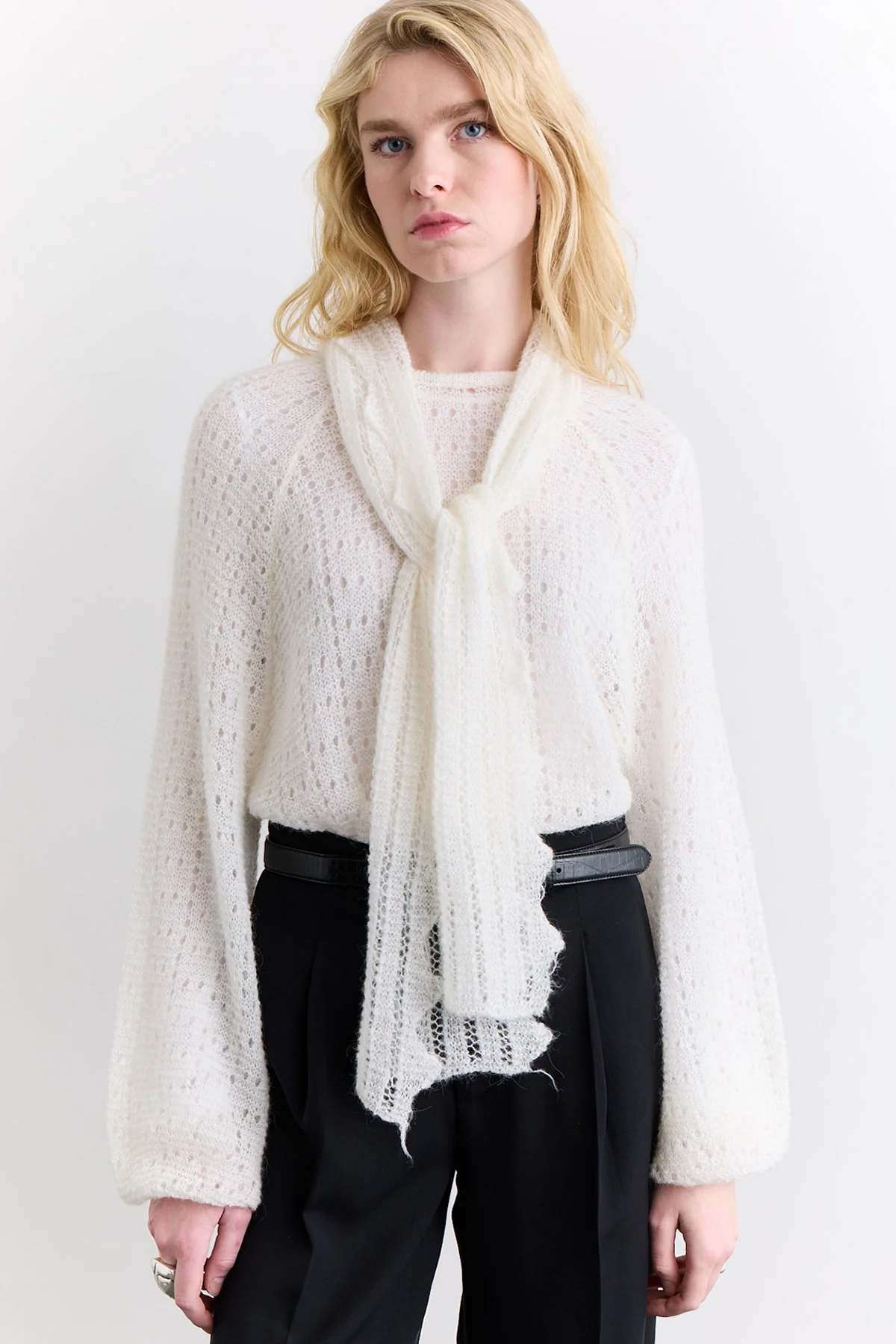 Tie Neck Pointelle Sweater Ecru - Image 11