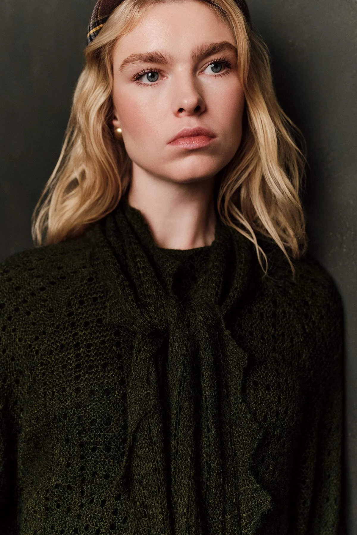 Tie Neck Pointelle Sweater Green - Image 2
