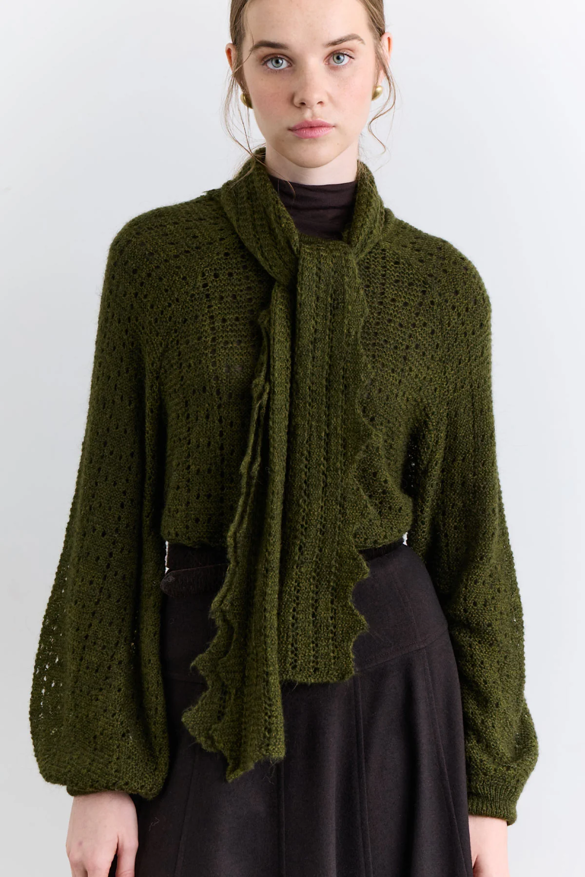 Tie Neck Pointelle Sweater Green - Image 3