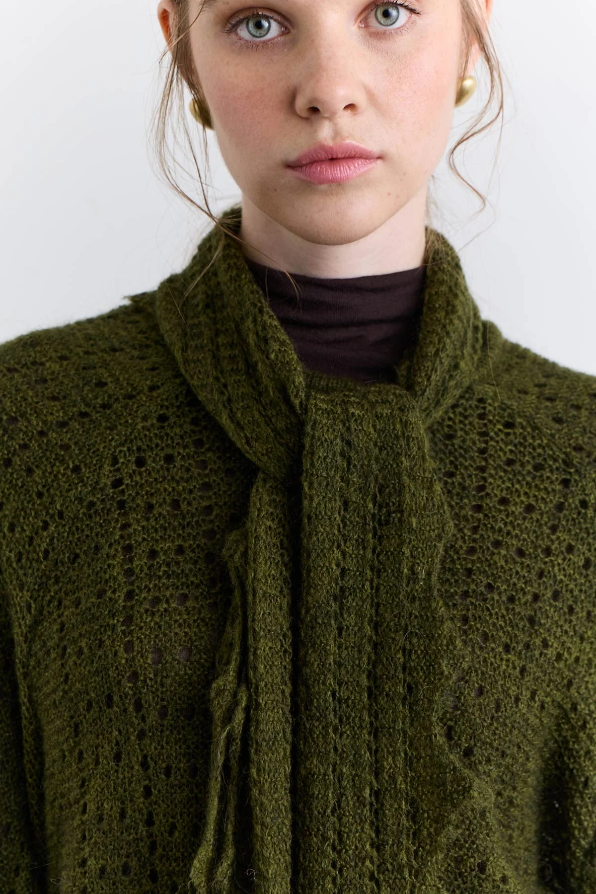 Tie Neck Pointelle Sweater Green - Image 5