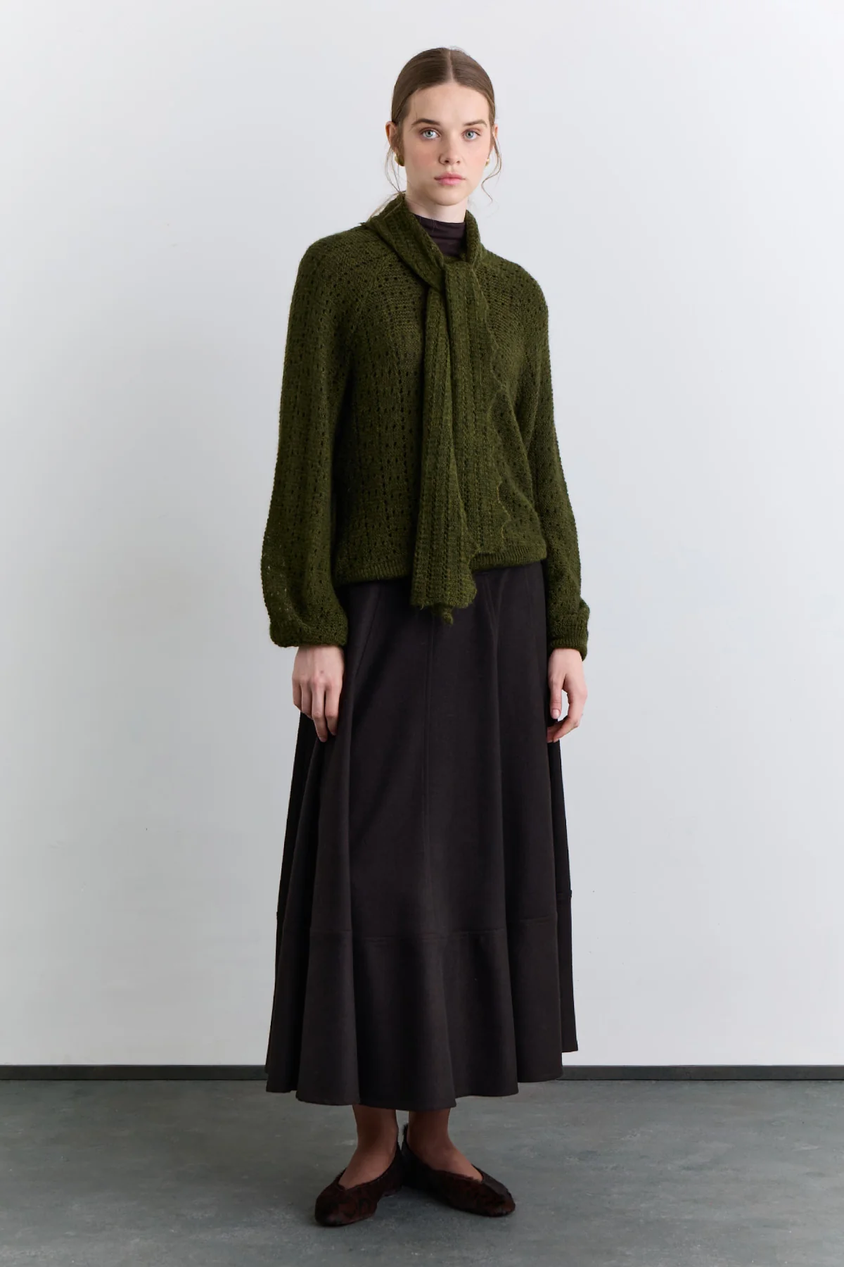 Tie Neck Pointelle Sweater Green - Image 8
