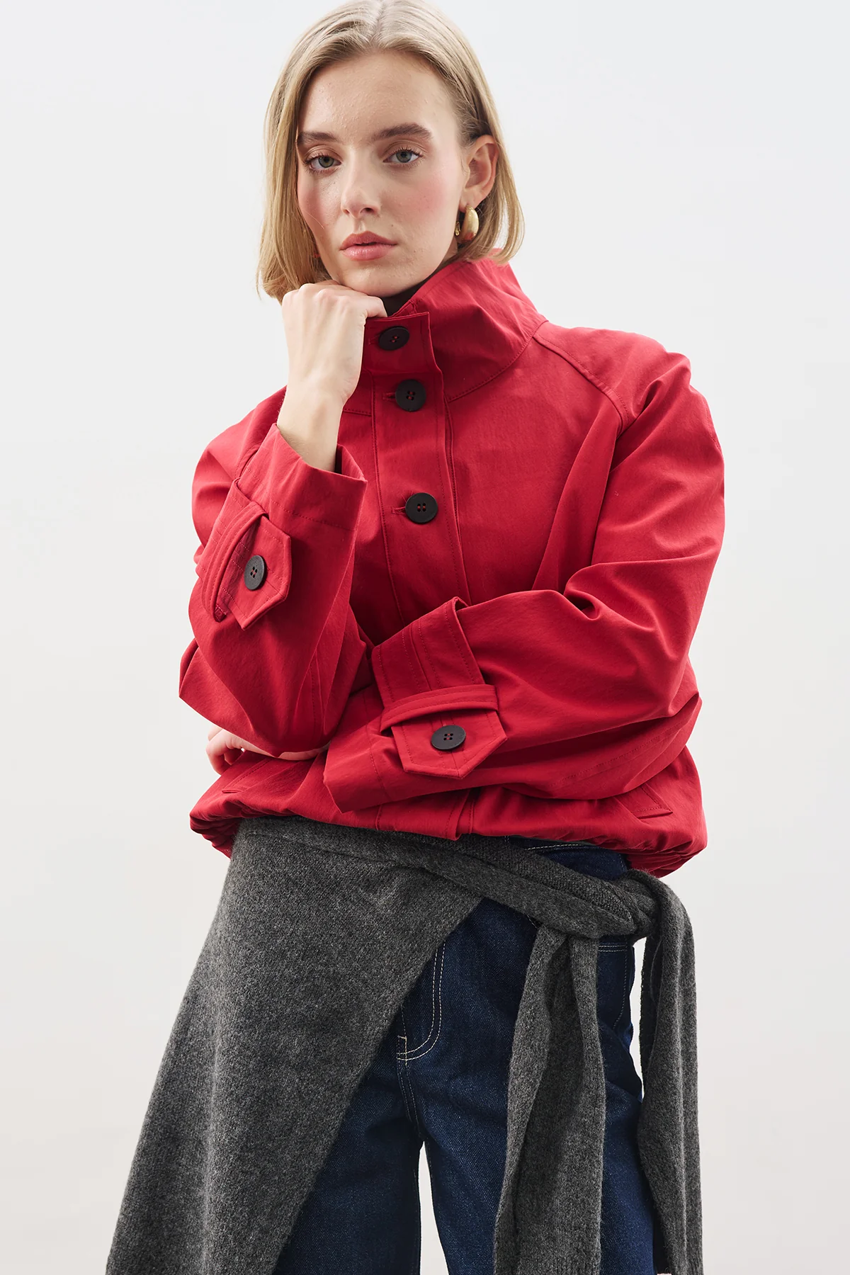 Trench-Style Bomber Jacket Red - Image 2