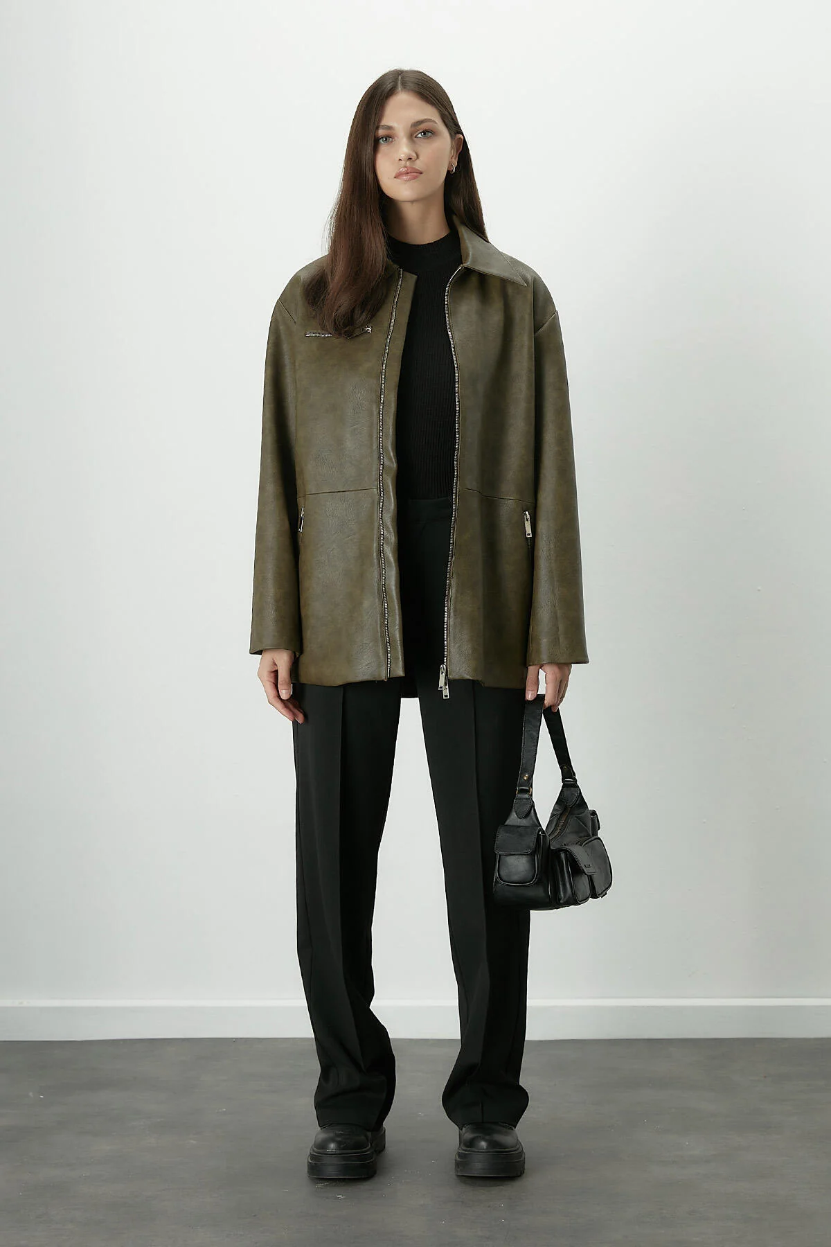 Vintage Effect Faux Leather Jacket Green - Image 5