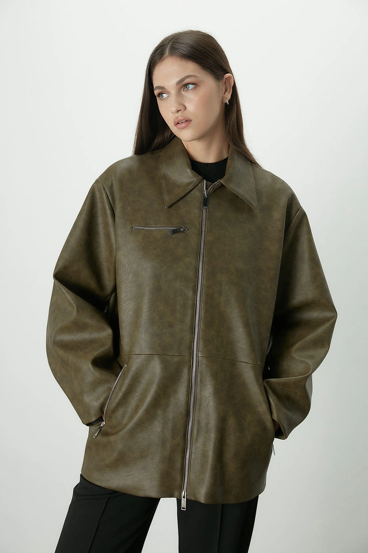 Vintage Effect Faux Leather Jacket Green - Image 6