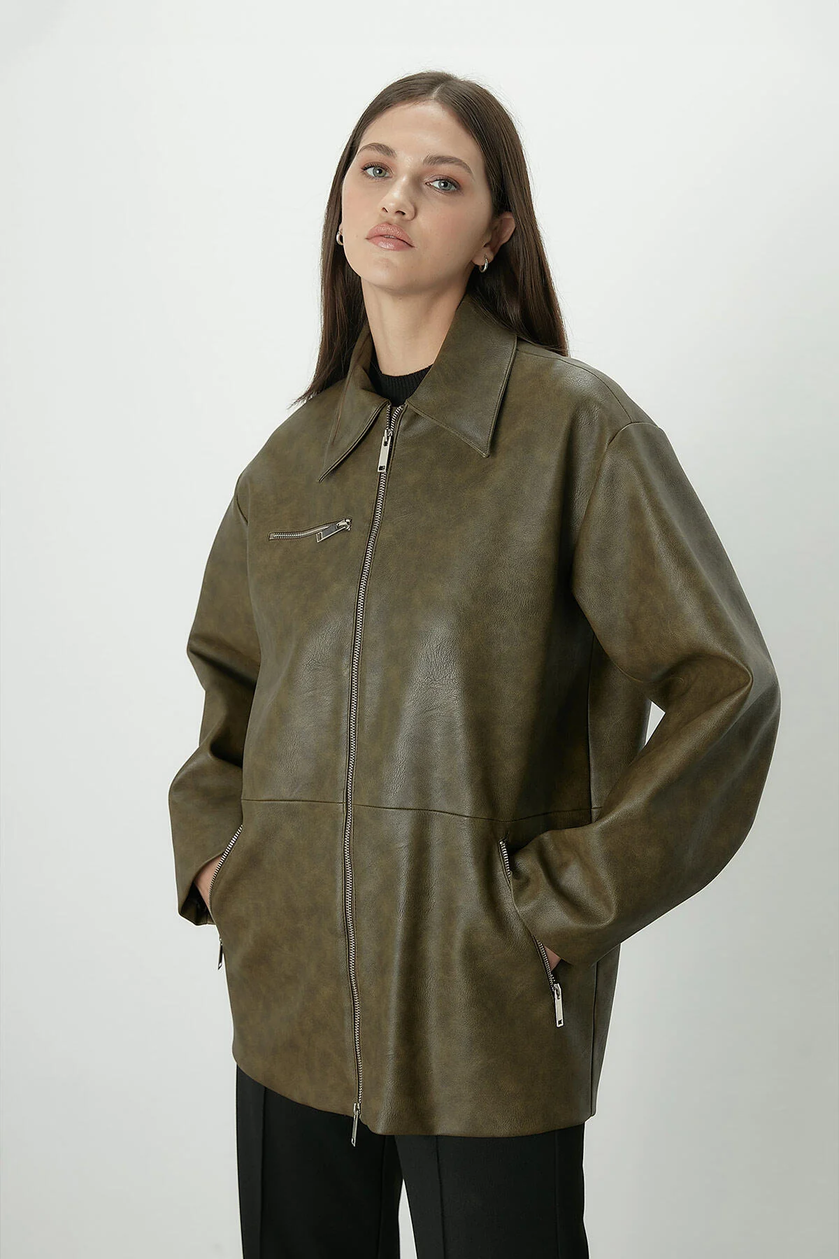 Vintage Effect Faux Leather Jacket Green - Image 7