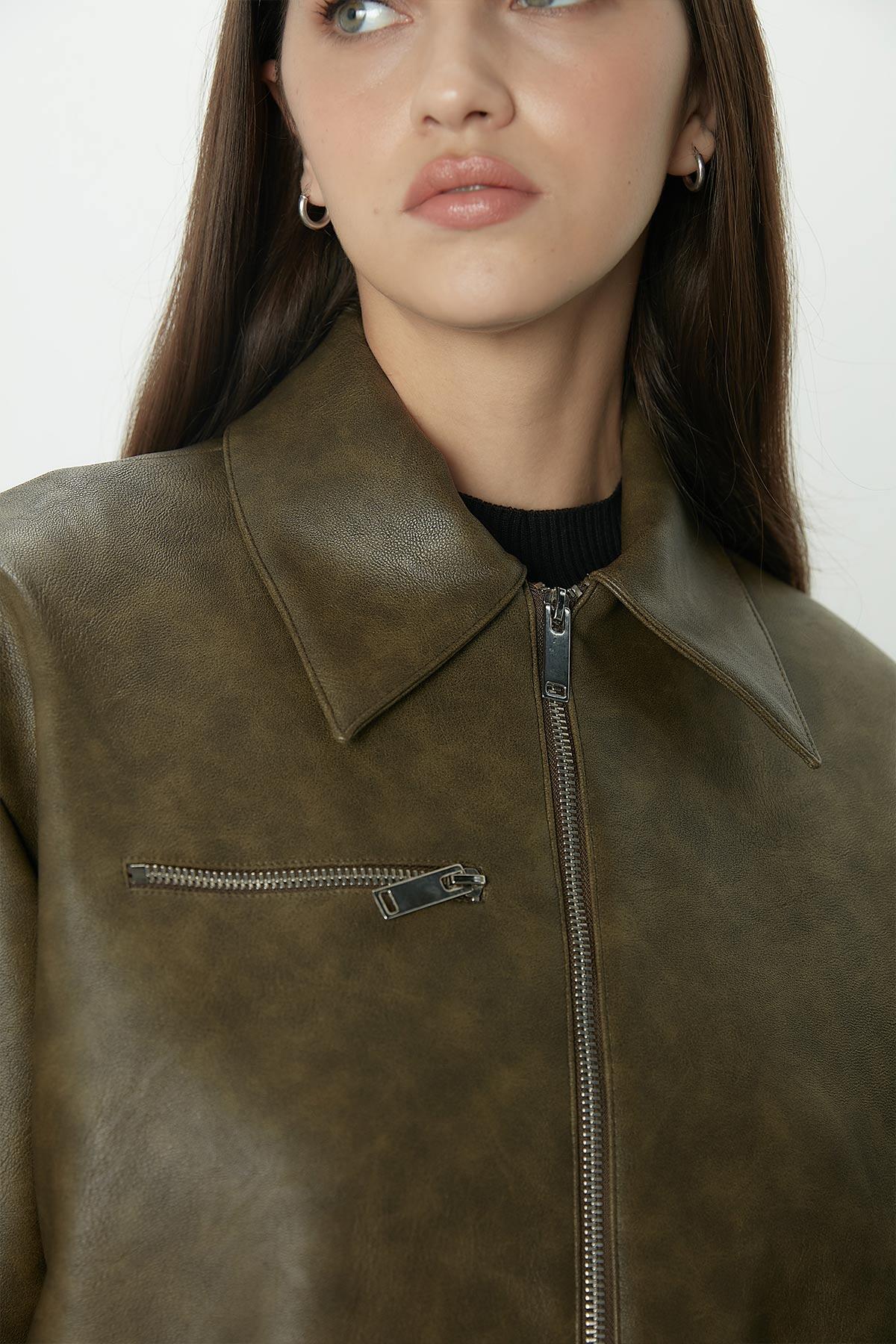 Vintage Effect Faux Leather Jacket Green - Image 8