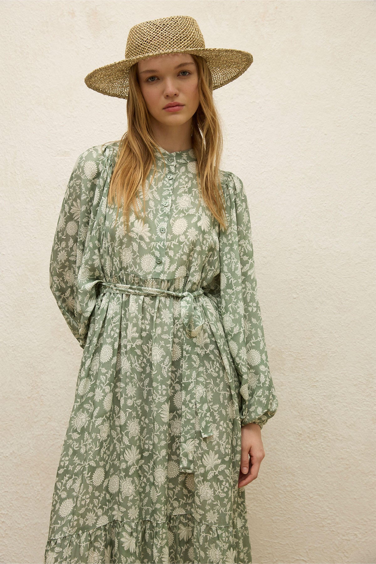 Viscose Balloon Sleeve Dress Ethnic Sage - Image 3