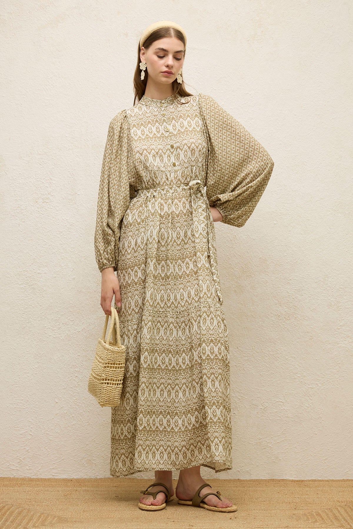 Viscose Balloon Sleeve Dress Sage Green - Image 2