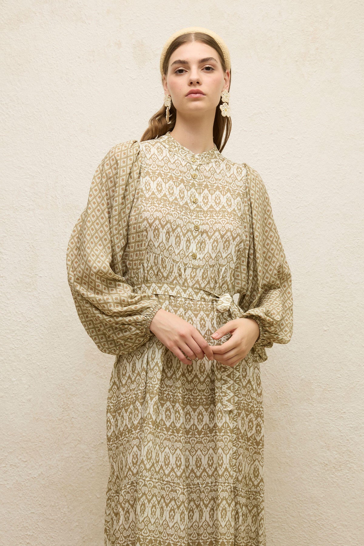 Viscose Balloon Sleeve Dress Sage Green - Image 4