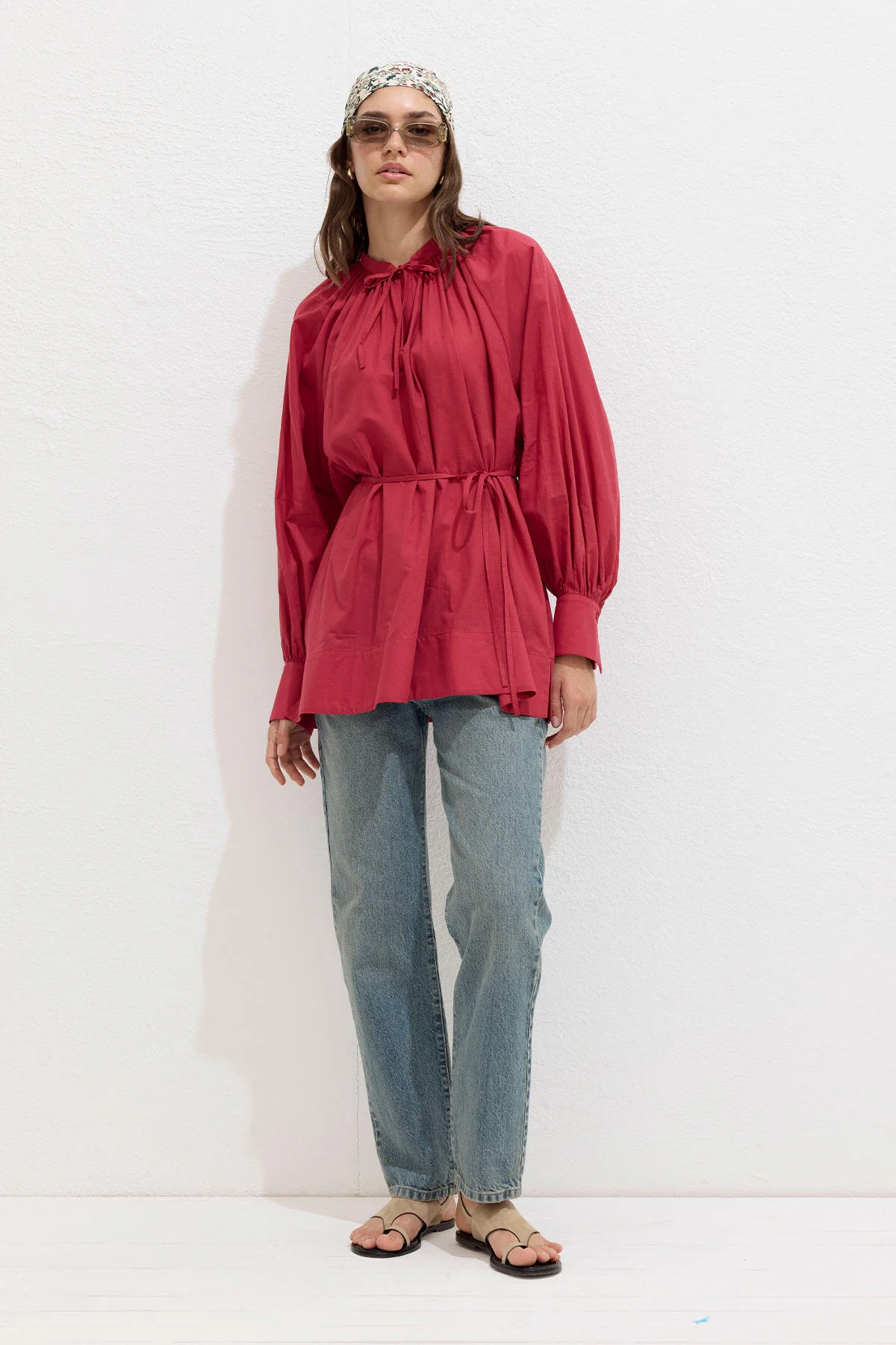 Voile Tunic With Drawstring Detail Cherry Red - Image 3