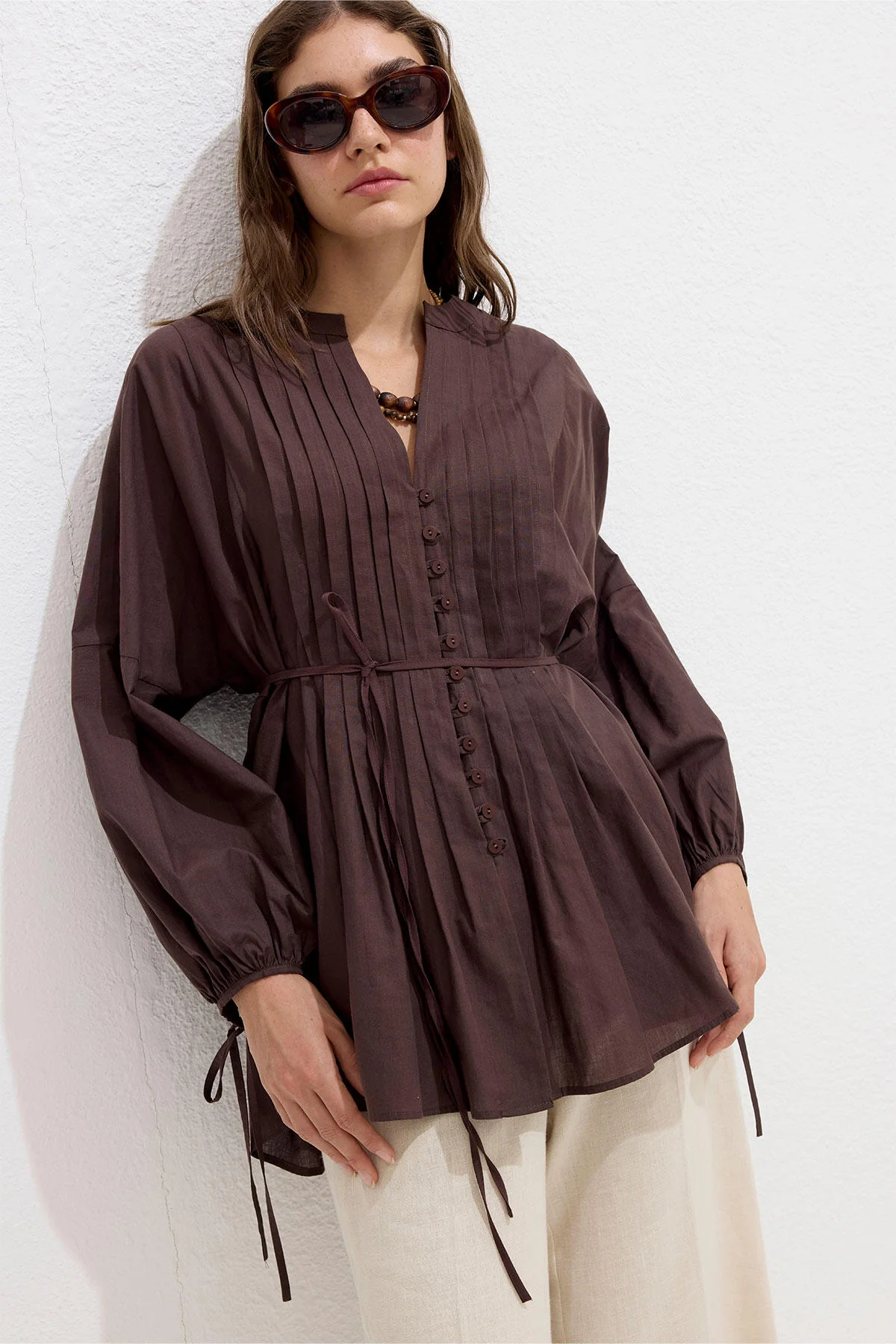 Voile Tunic With Pleat Details Brown - Image 3