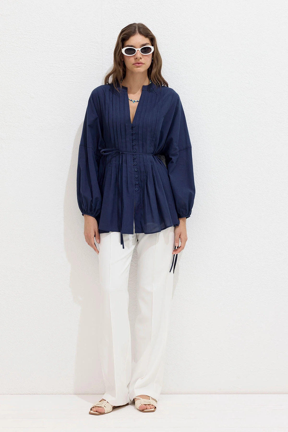 Voile Tunic With Pleat Details Navy Blue - Image 5
